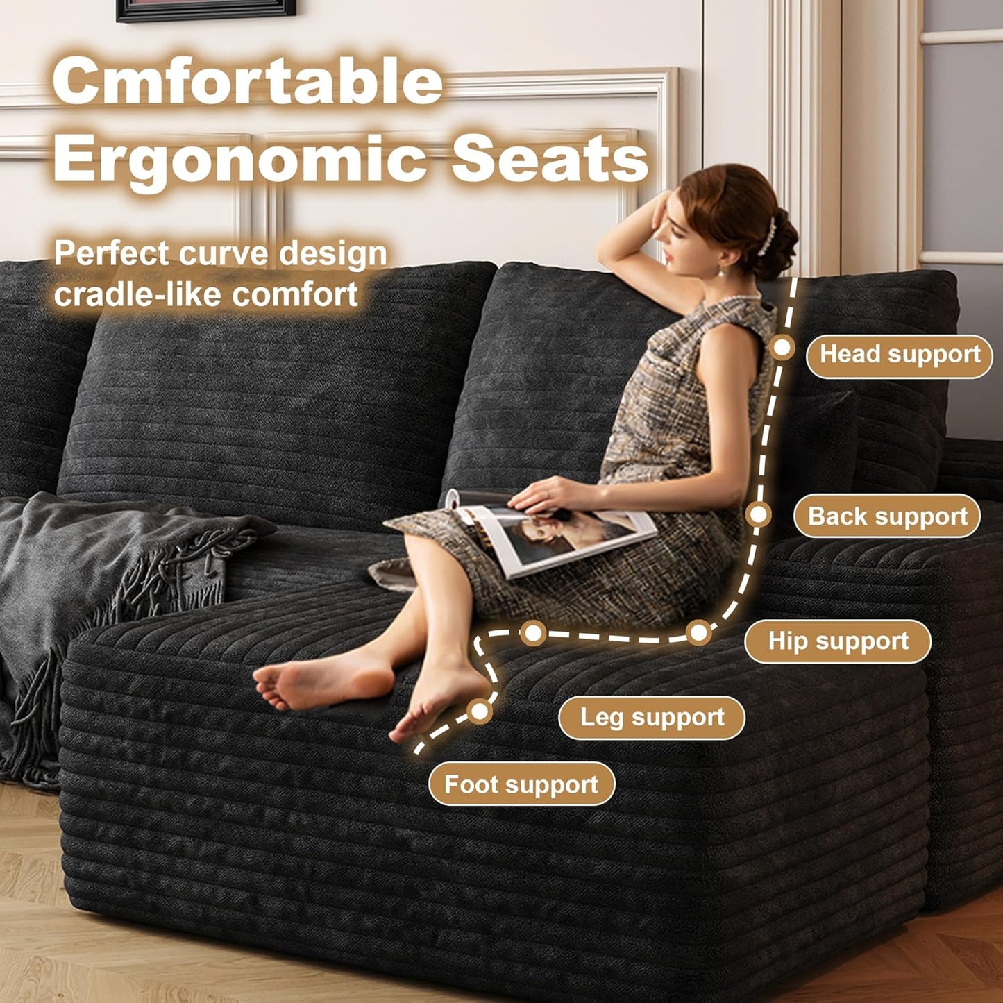 108" Sectional Couches for Living Room Modern Modular Sofa with L-Shape Couchs Upholstered Boneless Couch Deep Seat Sectional Couch with Chaise (Black, Left Facing Chaise+2Seaters+1Ottoman)