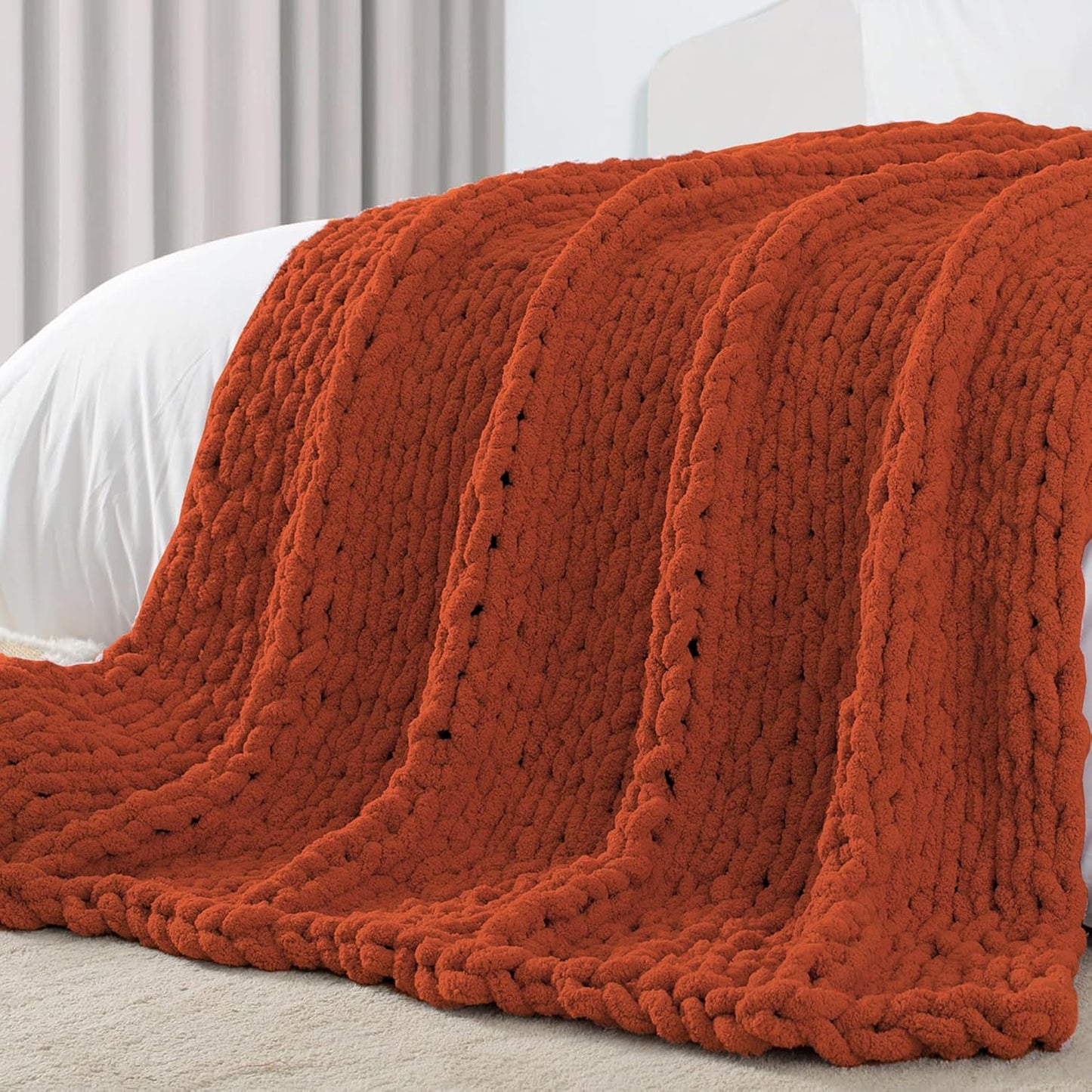 Carriediosa Chunky Knit Throw Blanket 50" X 60", 100% Hand Made Large Chenille Loop Yarn Soft Fluffy Throws for Couch Sofa Bed, Big Crochet Cozy Heavy Thick Cable Woven Blankets, Rust