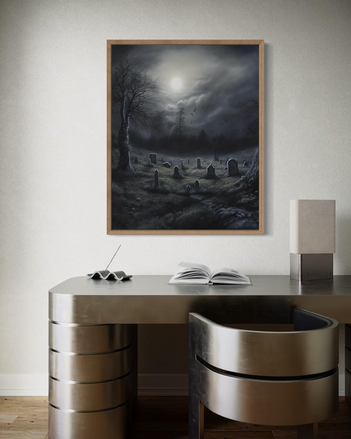 Gothic Graveyard Poster Art Print, Halloween Scary Vintage Wall Art Academia Spooky Painting Decoration for Horror Prints, Posters Bedroom Decor 89 (Gothic Graveyard, 11 x 14 inches, Wood Frame)