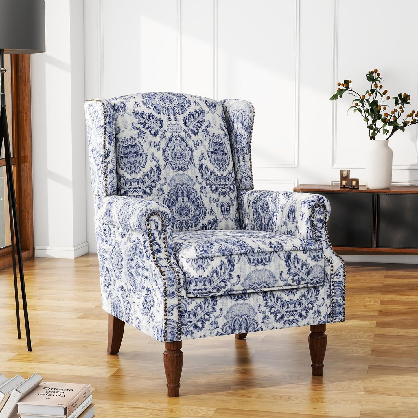 UIXE High Back Floral Accent Chair, Fabric Upholstered Armchair for Living Room, Retro Wingback Arm Chair with Solid Wood Legs, Nailhead Trim Single Sofa Bedroom Reading Seat - Navy Blue