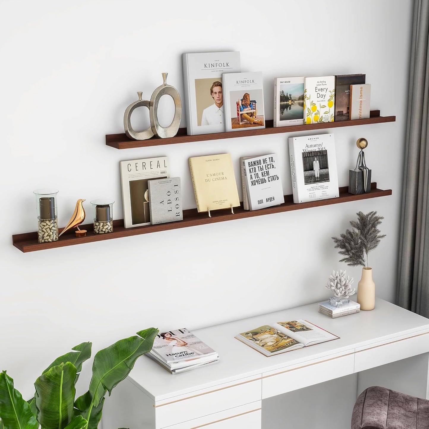 Solid Ash Wood Floating Shelves, Wood Picture Ledge Shelf Set of 2, 48 Inch Long Large Photo Ledge Shelves, Nursery Book Shelves Wall Mounted for Living Room Kids' Bedroom Decor, Color Walnut