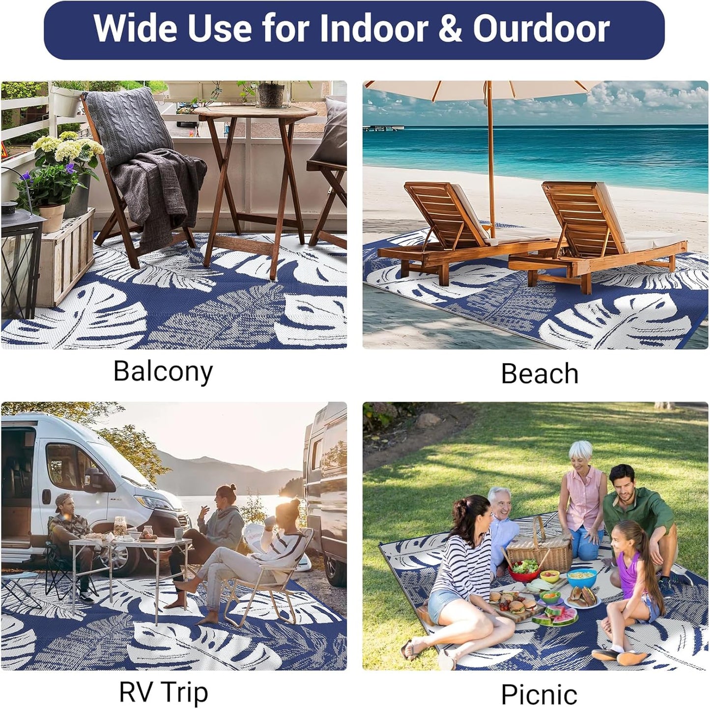 GAOMON Outdoor Plastic Straw Rug 9x18 Waterproof Patio Rug Reversible Camping Mat, Foldable Portable RV Picnic Carpet with Bag & 4 Stakes, UV Resistant Outside Carpet for Deck Balcony, Blue