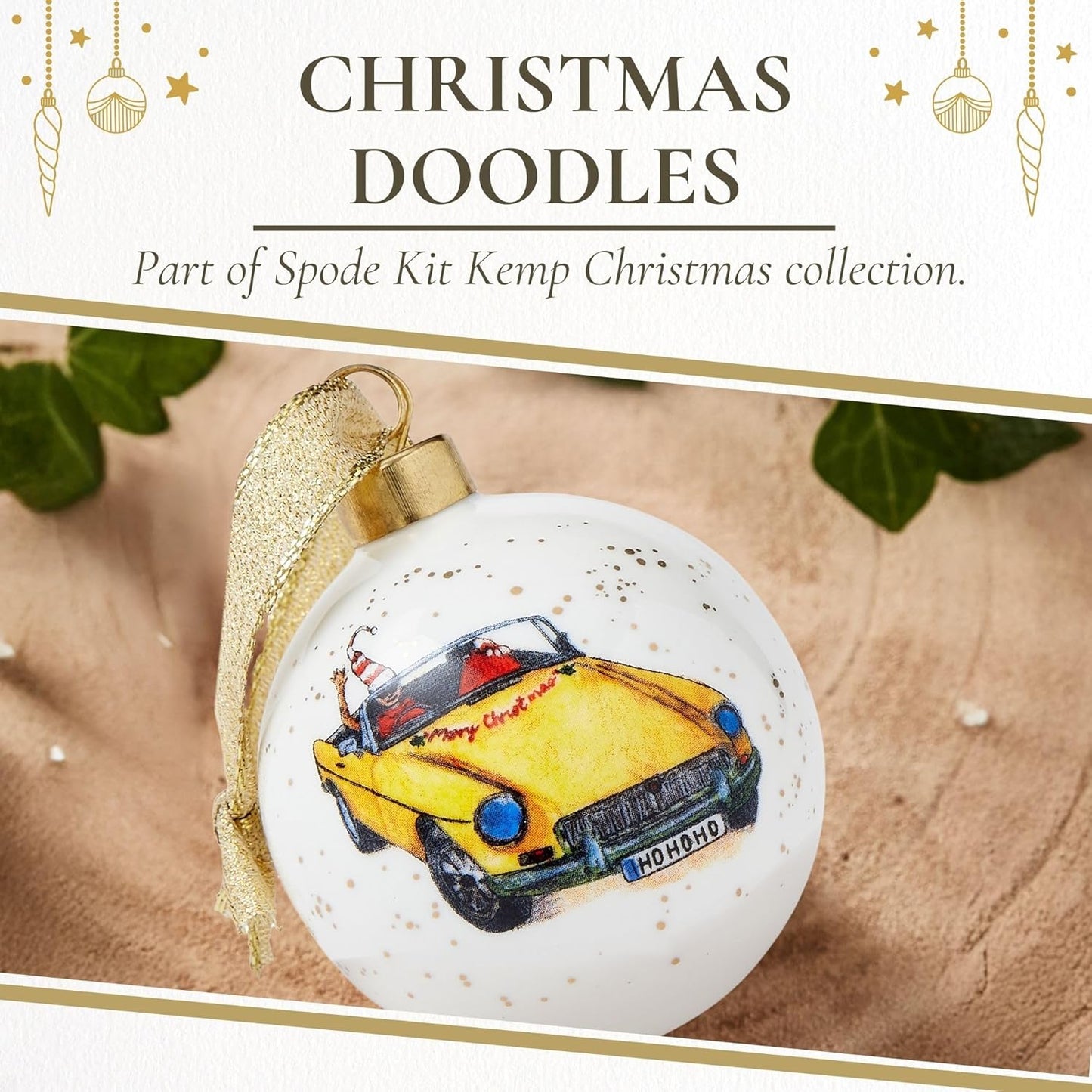 Spode Kit Kemp Christmas Ornament - Doodles Cruising Bauble- Porcelain Handcrafted Festive Charm, Unique Holiday Ornaments with Whimsical Design, Collectible Keepsake Holiday Decoration for Gifting