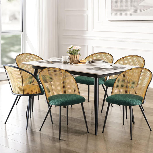 Rattan Dining Chairs Set of 6, Mid-Century Modern Kitchen Dining Room Chairs with Full Cane Backrest Armless Upholstered Farmhouse Boucle Dining Chairs with Metal Leqs for Dining Room, Green
