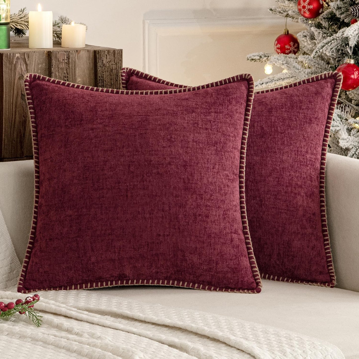 MIULEE Pack of 2 Christmas Pillow Covers 20x20 Inch Burgundy Red Farmhouse Decorative Throw Pillow Covers with Stitched Edge Soft Chenille Solid Dyed Couch Pillow Covers for Sofa Bed Living Room