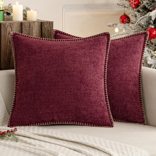 MIULEE Pack of 2 Christmas Pillow Covers 20x20 Inch Burgundy Red Farmhouse Decorative Throw Pillow Covers with Stitched Edge Soft Chenille Solid Dyed Couch Pillow Covers for Sofa Bed Living Room