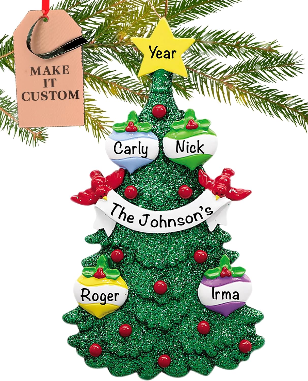 Personalized Family of 4 Ornament 2025 | Free 24h Customization | Christmas Ornaments for Tree | Custom Gift Wrapped Green Glitter Keepsake for Four Persons