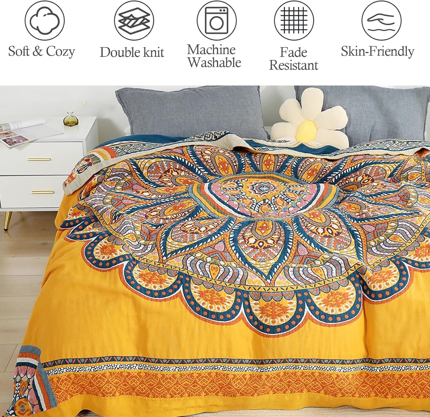 Snycler Boho 100% Cotton Throw Blanket, Decorative Muslin Boho Throw Blanket, Soft Cozy Colorful Bohemian Floral Reversible Blanket with Tassels for Chair Couch Bed Sofa Room Decor, 80x90 Inch