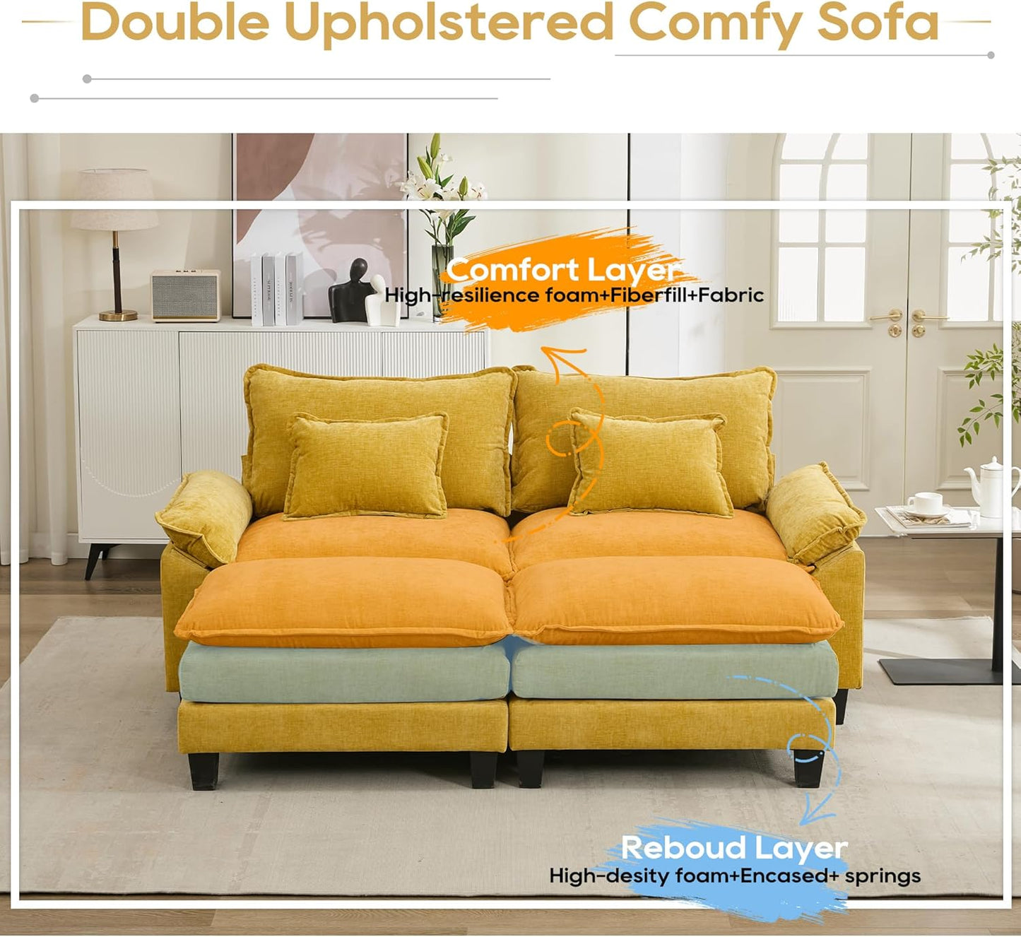 URRED Modular Sectional Sofa Comfy Cloud Couch, Modern Chenille Sofa Sleeper Deep Seat Couches with Ottoman/Pillows for Living Room (Yellow, 82.6''- 2 Ottomans)