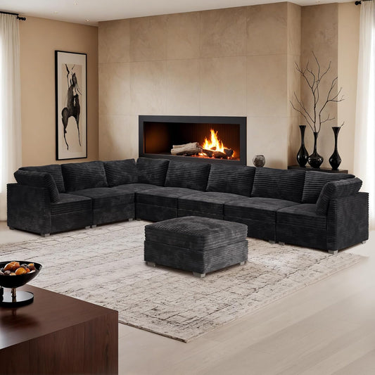 HOOOWOOO Modular Sectional Sofa,8 Pieces Sectional Couches for Living Room,164X66 L Shaped Cloud Couch with Ottoman Chaise Set(Black Velvet Corduroy)