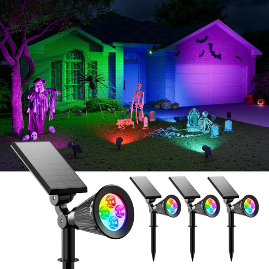 4 Pack Color Change Halloween Solar Spot Lights Outdoor Multicolor Waterproof Landscape Flood Lamp for Holiday Decorative, Skeletons, Spider Web, Bat, Statue, Ambient Lighting for Yard, Garden, Patio