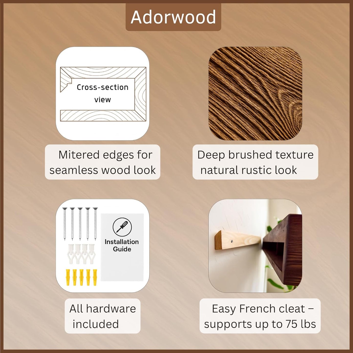 Handmade Fireplace Mantel Shelf, Extra Wide Rustic Wood Mantles for Over Fireplace, Wall Mounted Floating Mantel Shelves for Living Room Decor (Light Walnut, 72 inches)