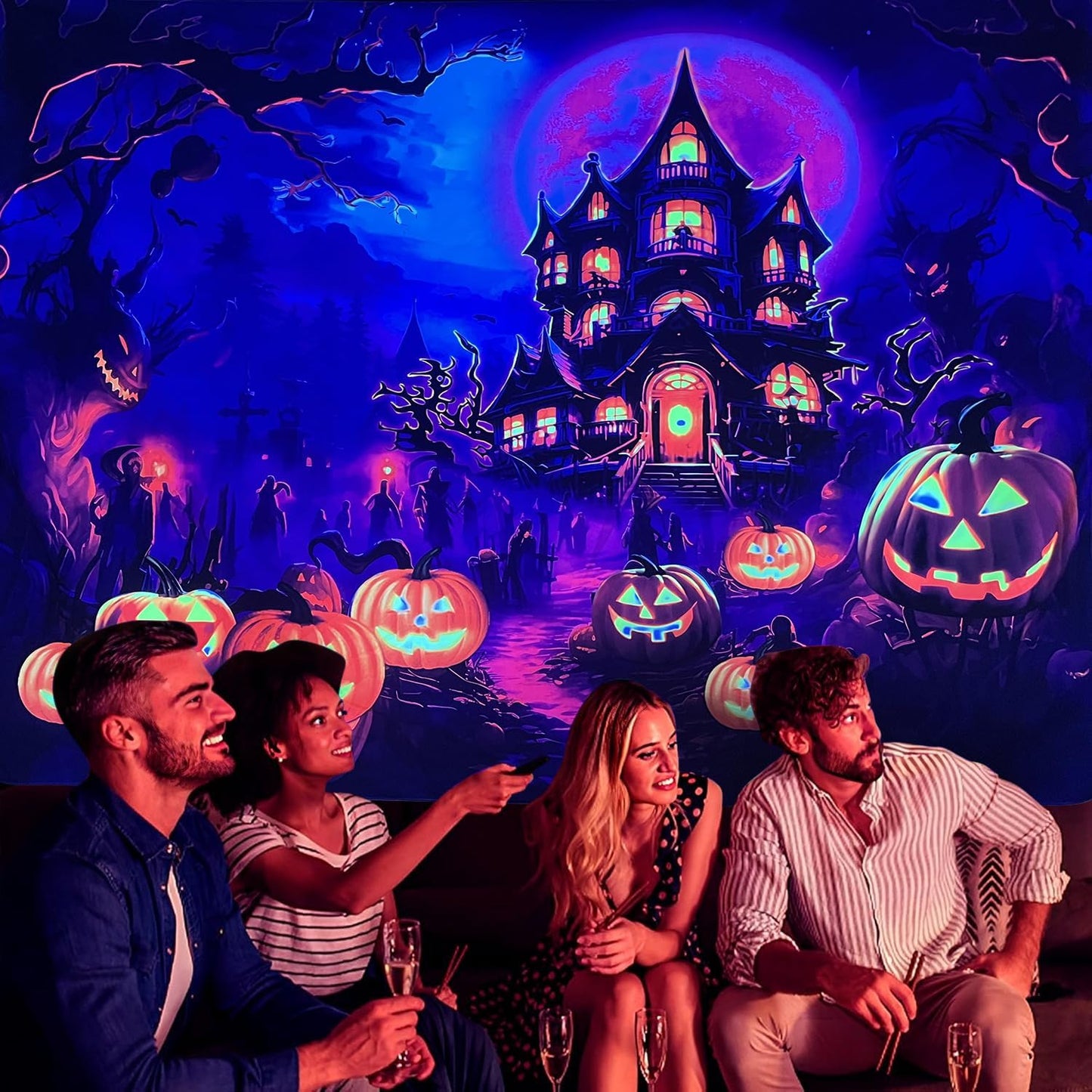 OSVINO Blacklight Halloween Castle Tapestry 90"x70" Pumpkins Ghosts Background Bedroom Aesthetic Hippie Room Decor Glow in The Dark Wall Poster for Halloween Easter