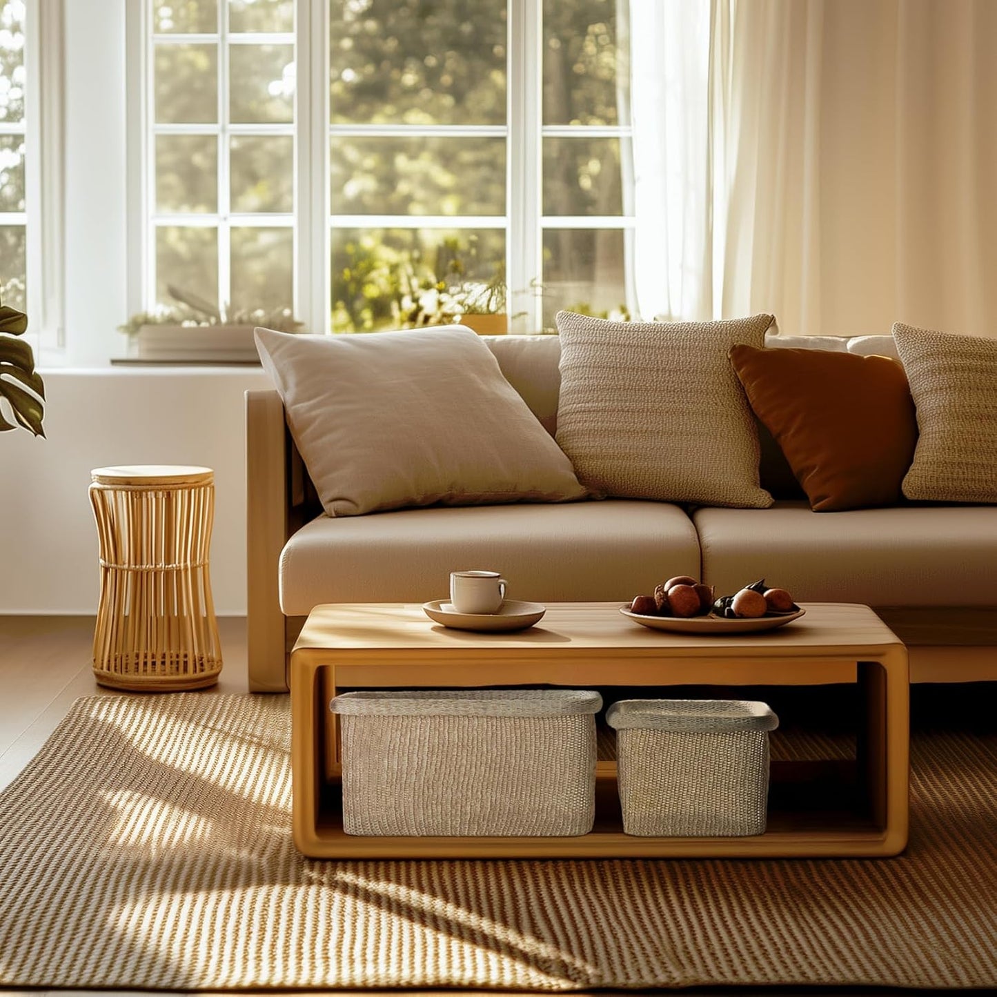 La Jolie Maison Blended Fabric Storage Baskets Set of 2, Rectangle Knitted Baskets for Organizing, Boho Decorative Baskets, Durable Finish, Oatmeal