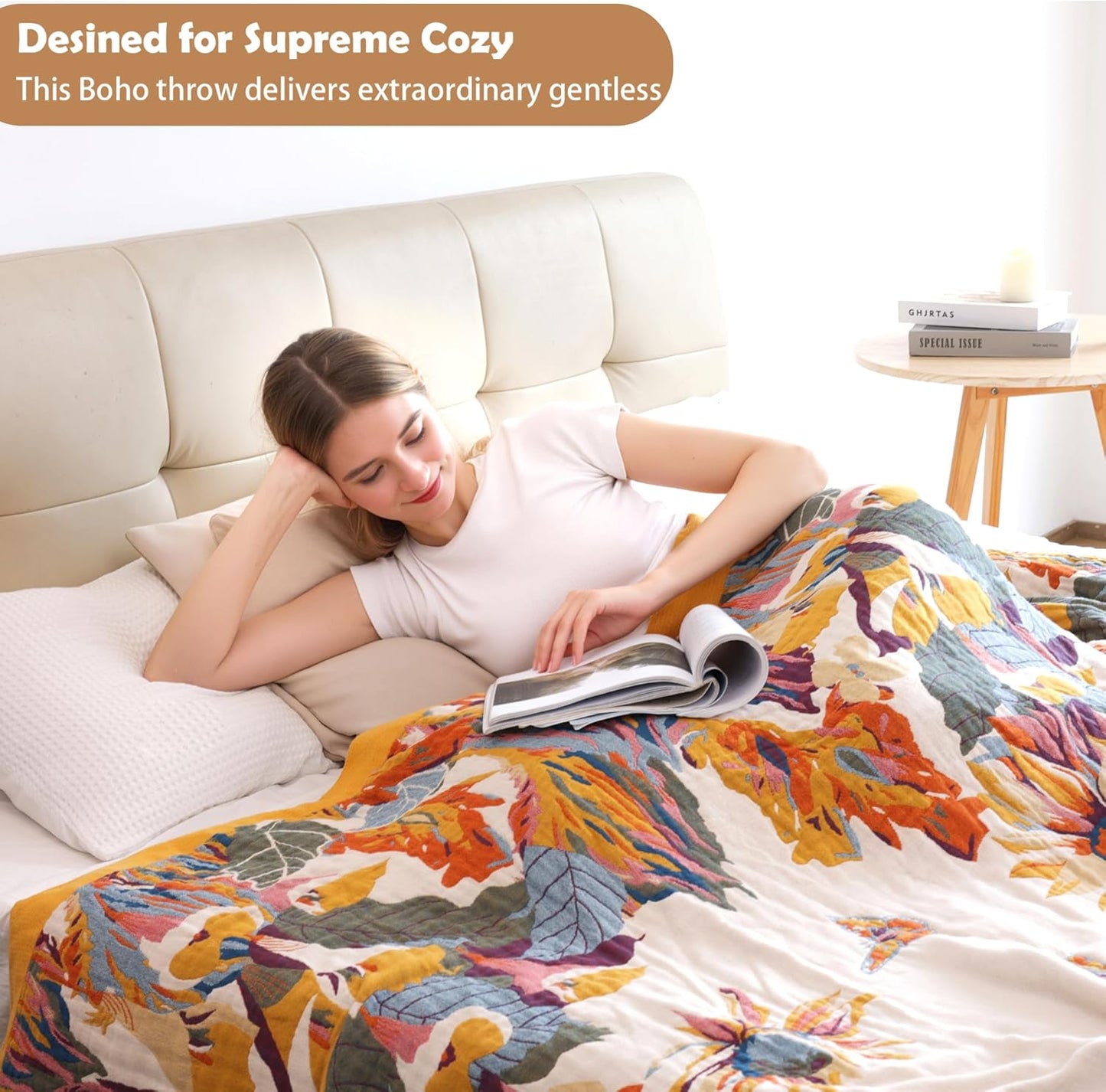 Boho Large Throw Blanket, 100% Organic Cotton Breathable Soft Bed King Throw - Fall Floral Bird Butterfly Farmhouse Decor Blanket for Sofa Couch Chair and Gift. 91" x 98"