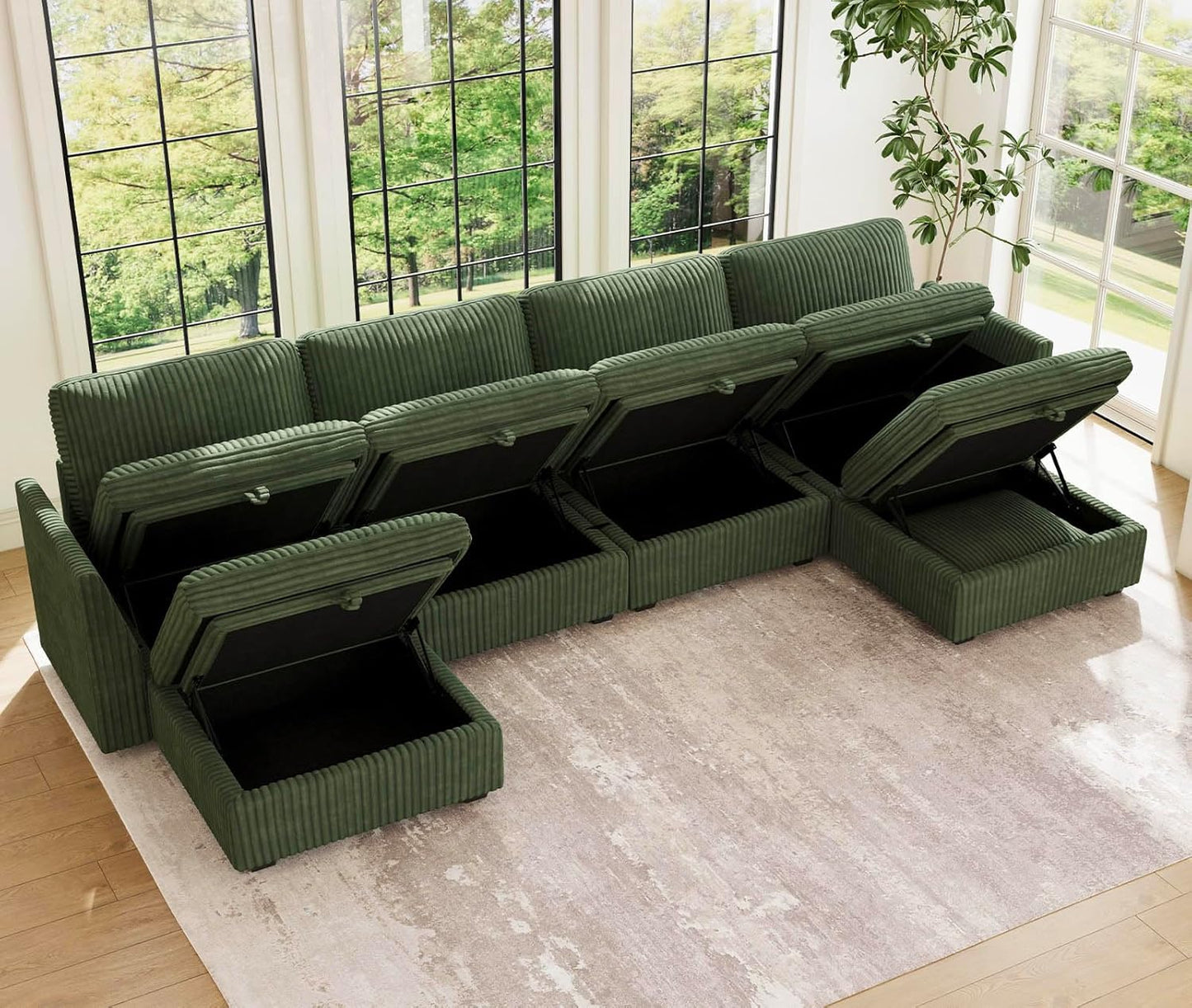 Belffin Modular Sectional Sofa with Storage Ottoman, Oversized Cloud Couch Sectional with Extra Deep Seat, Convertible Upholstered U Shaped Sectional Couches for Living Room, Plush Corduroy Green