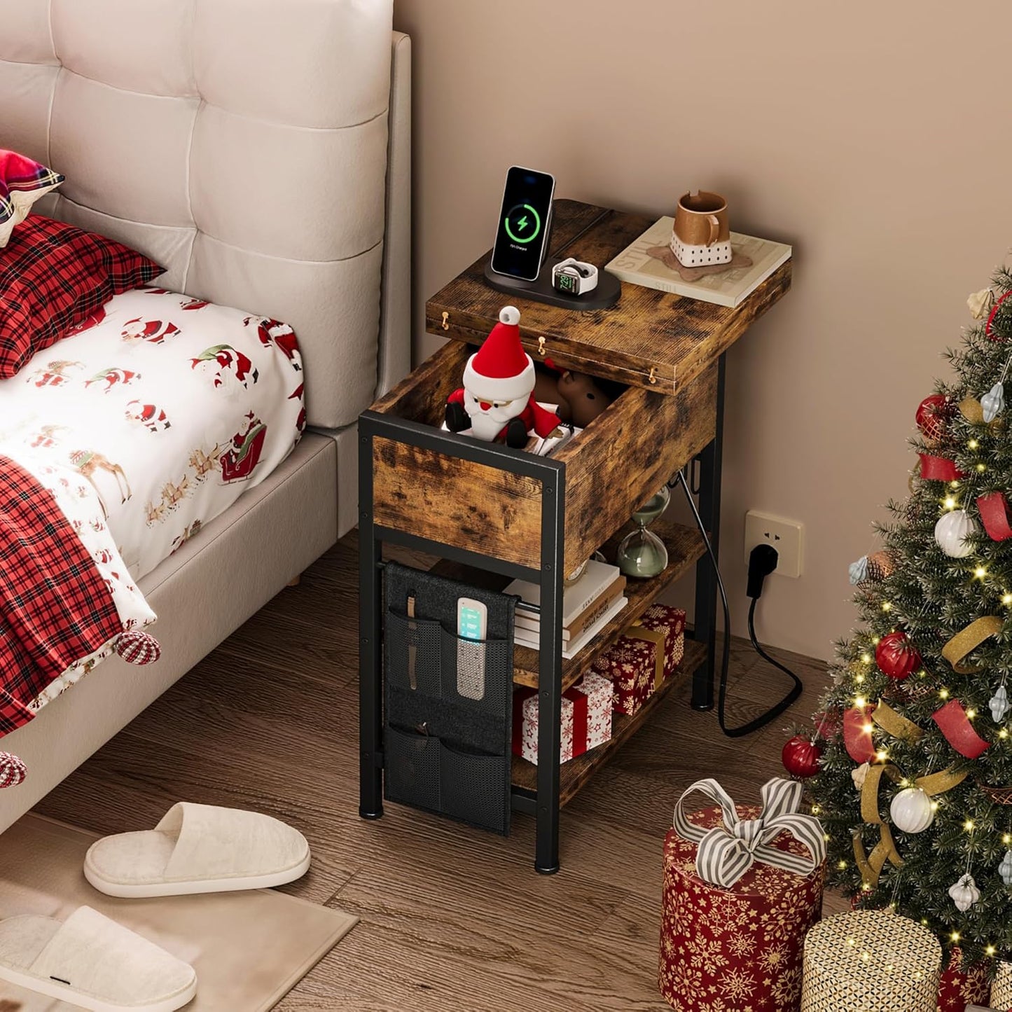 End Table with Charging Station, Flip Top Nightstand with USB Ports and Outlets, Couch Side Table with Fabric Bag and Hooks, Bedside Table for Space Saving, Living Room, Bedroom (Rustic Brown)