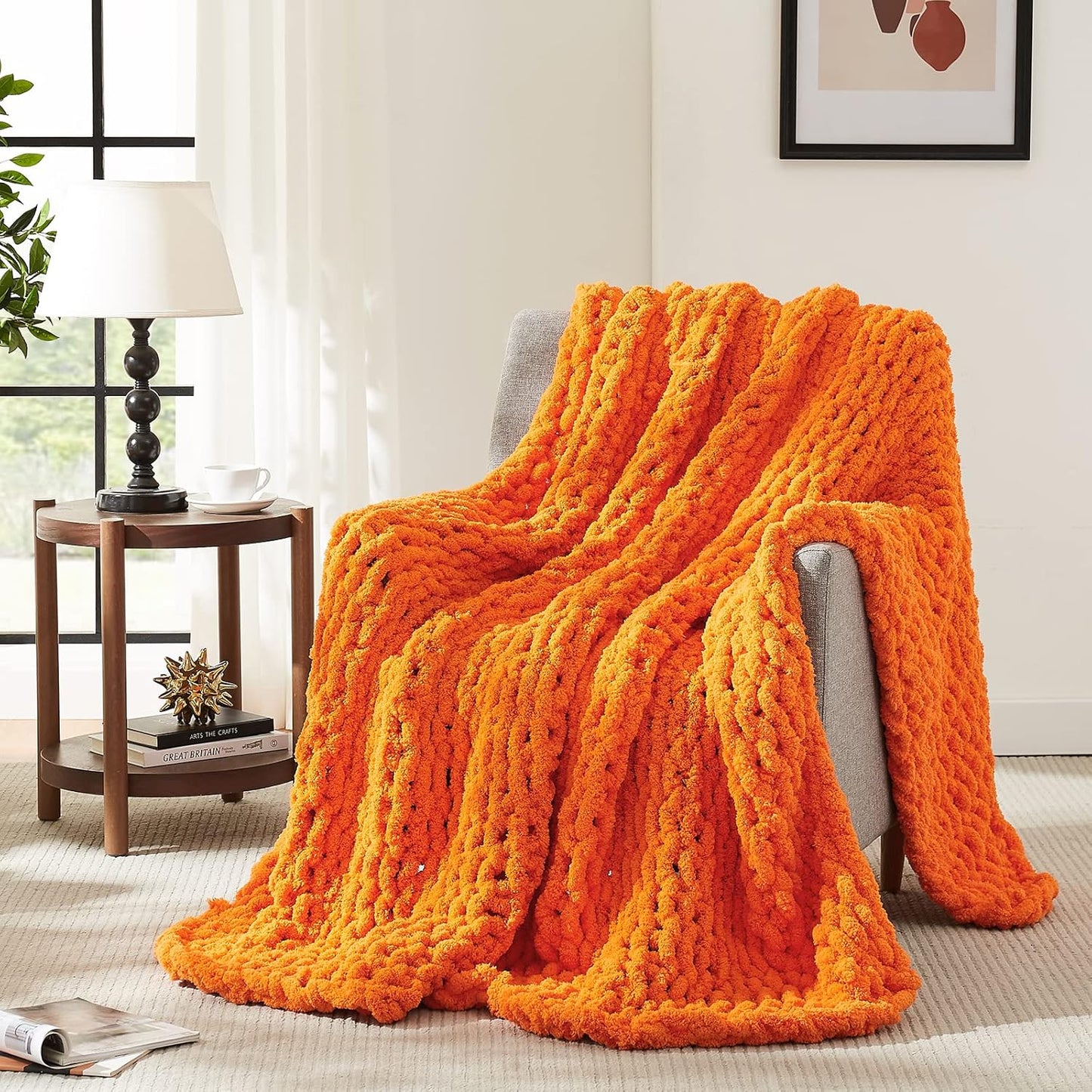 L'AGRATY Chunky Knit Blanket Throw: 80''x90'' Chenille Chunky Knitted Throw Blanket for Bed Couch - Handmade Thick Big Cable Knit Blanket - Large Chunky Crochet Rope Blanket for Home Decor(Orange)