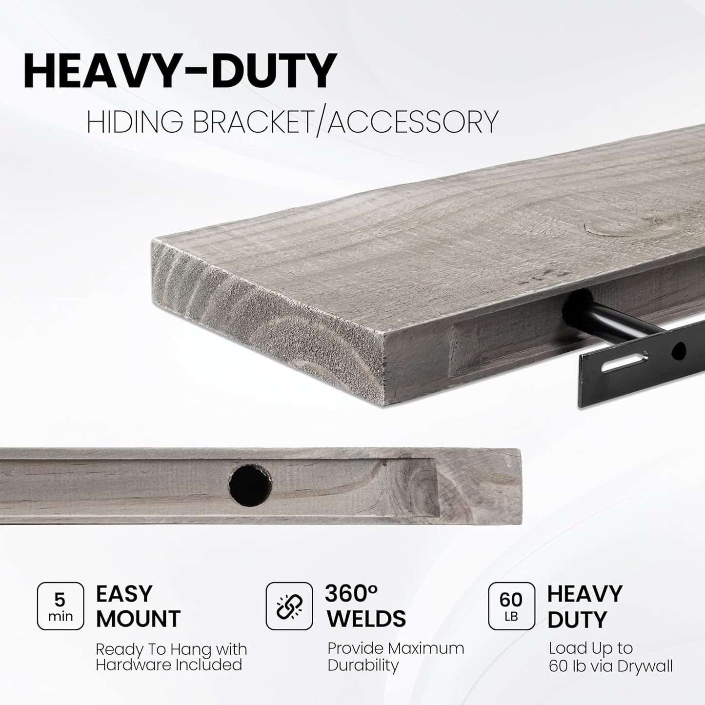 Fun Memories Floating Shelves for Wall Dec, 55"x8" Rustic Reclaimed Wood Shelves, Heavy-Duty Wall Mounted Shelves with Invisible Brackets for Living Room, Bedroom, Kitchen, Grey Finish