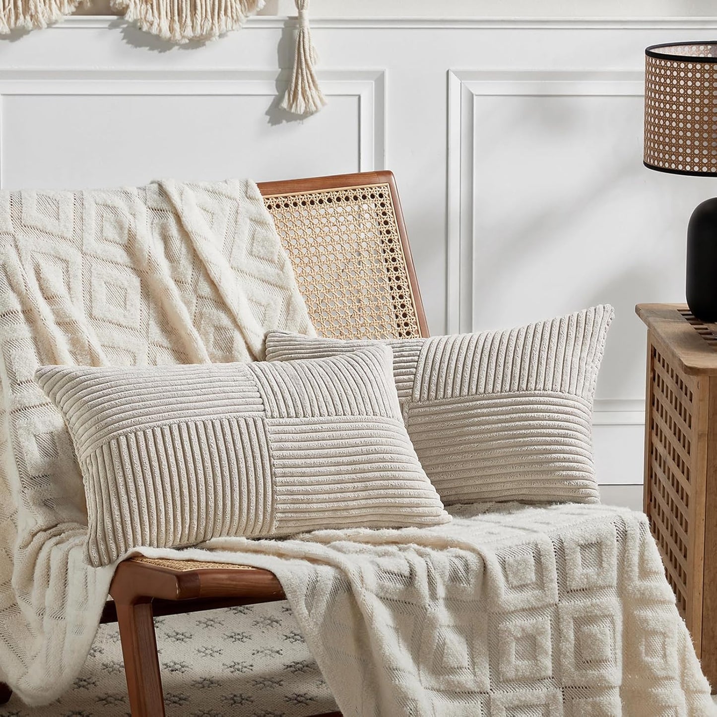 Fancy Homi 2 Packs Neutral Taupe Lumbar Decorative Throw Pillow Covers 12x20 Inch for Living Room Couch Bed Sofa, Farmhouse Home Decor, Soft Striped Corduroy Rectangle Accent Cushion Case 30x50 cm