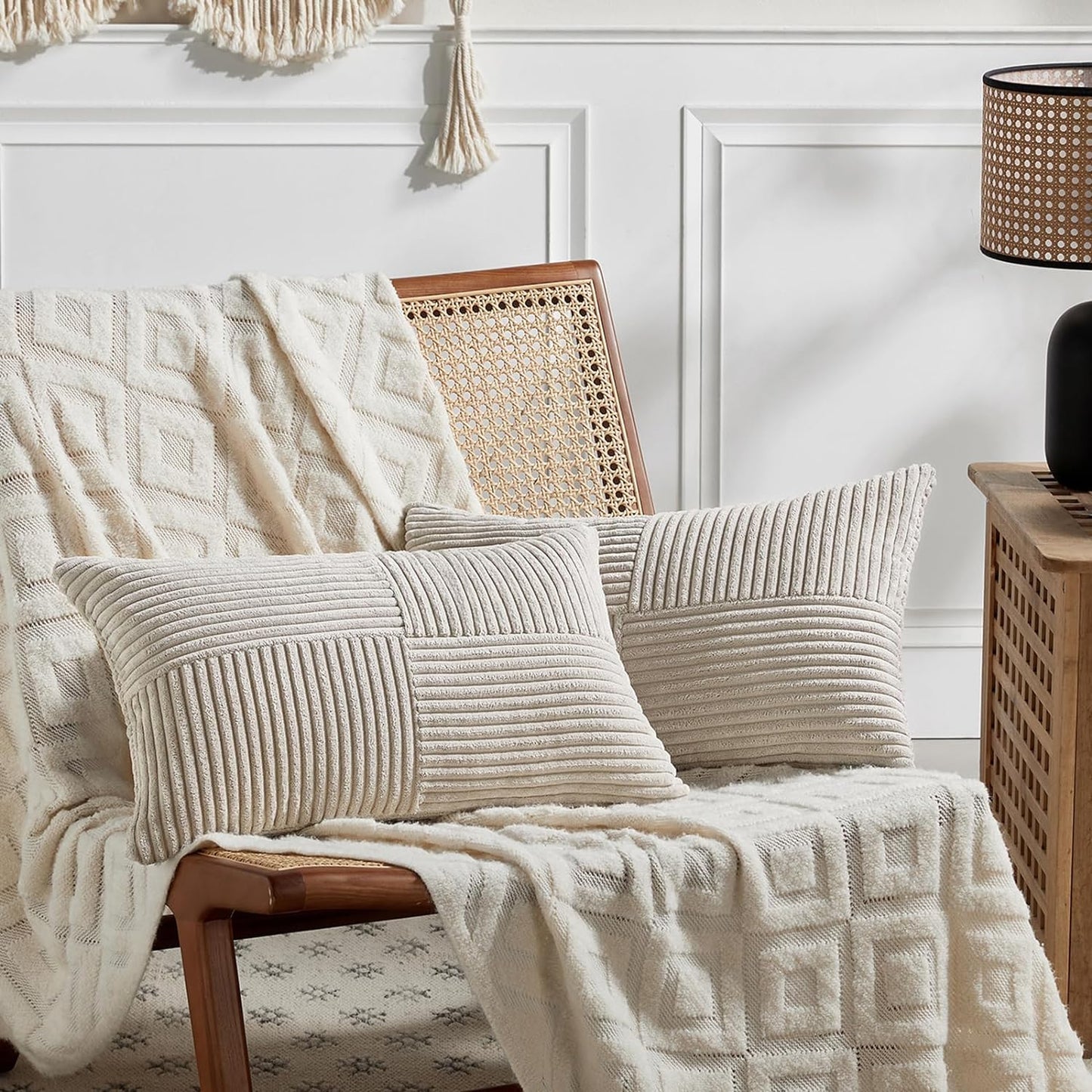 Fancy Homi 2 Packs Neutral Taupe Lumbar Decorative Throw Pillow Covers 12x24 Inch for Living Room Couch Bed Sofa, Farmhouse Home Decor, Soft Striped Corduroy Rectangle Accent Cushion Case 30x60 cm