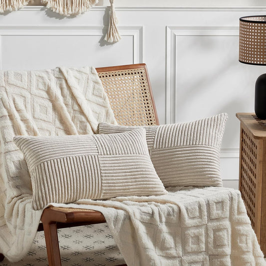 Fancy Homi 2 Packs Neutral Taupe Lumbar Decorative Throw Pillow Covers 12x24 Inch for Living Room Couch Bed Sofa, Farmhouse Home Decor, Soft Striped Corduroy Rectangle Accent Cushion Case 30x60 cm