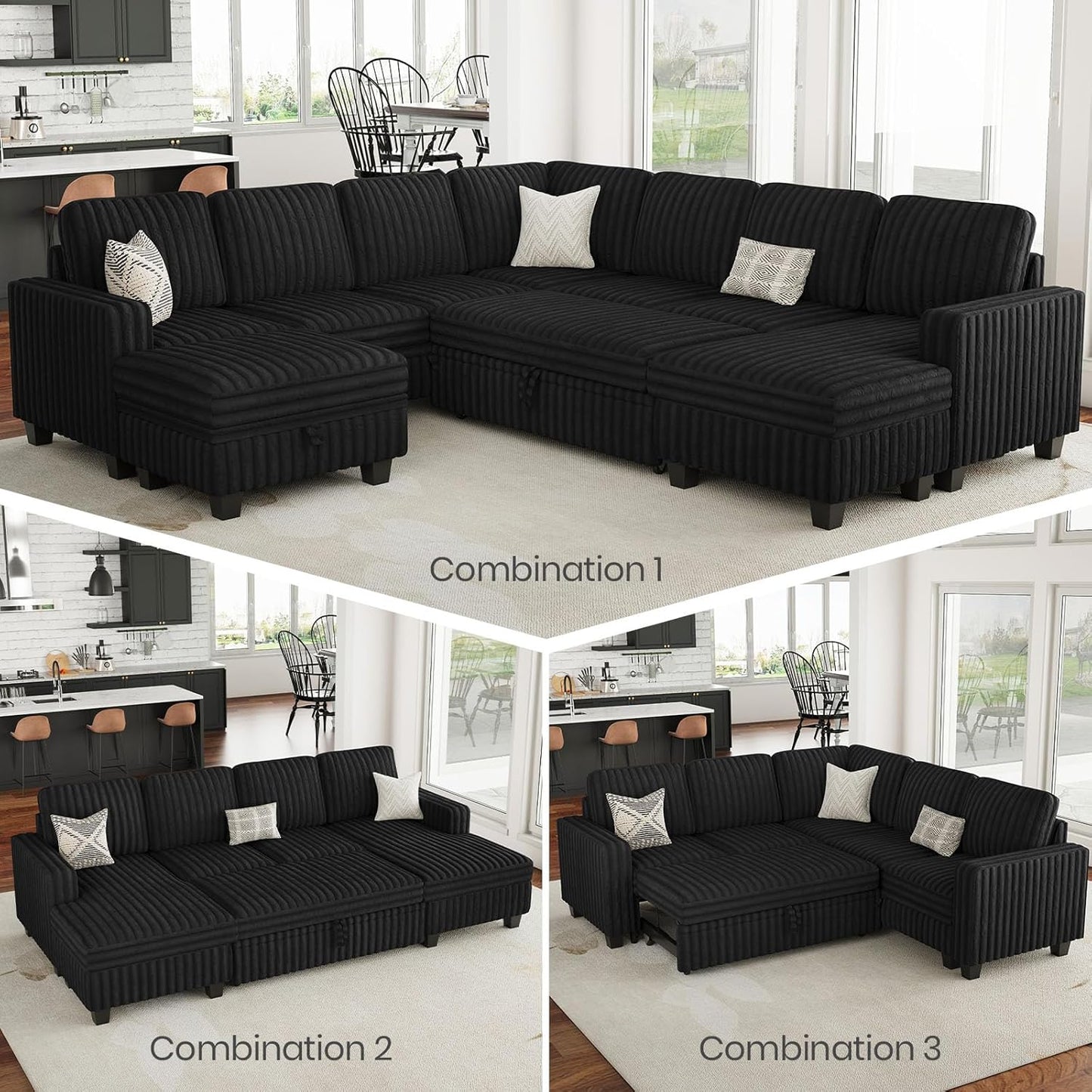 Belffin Corduroy Sleeper Sofa Bed with Storage Chaise Modular Sectional Sofa Couch with Pull Out Bed L Shaped Sectional Couches for Living Room Black Couch