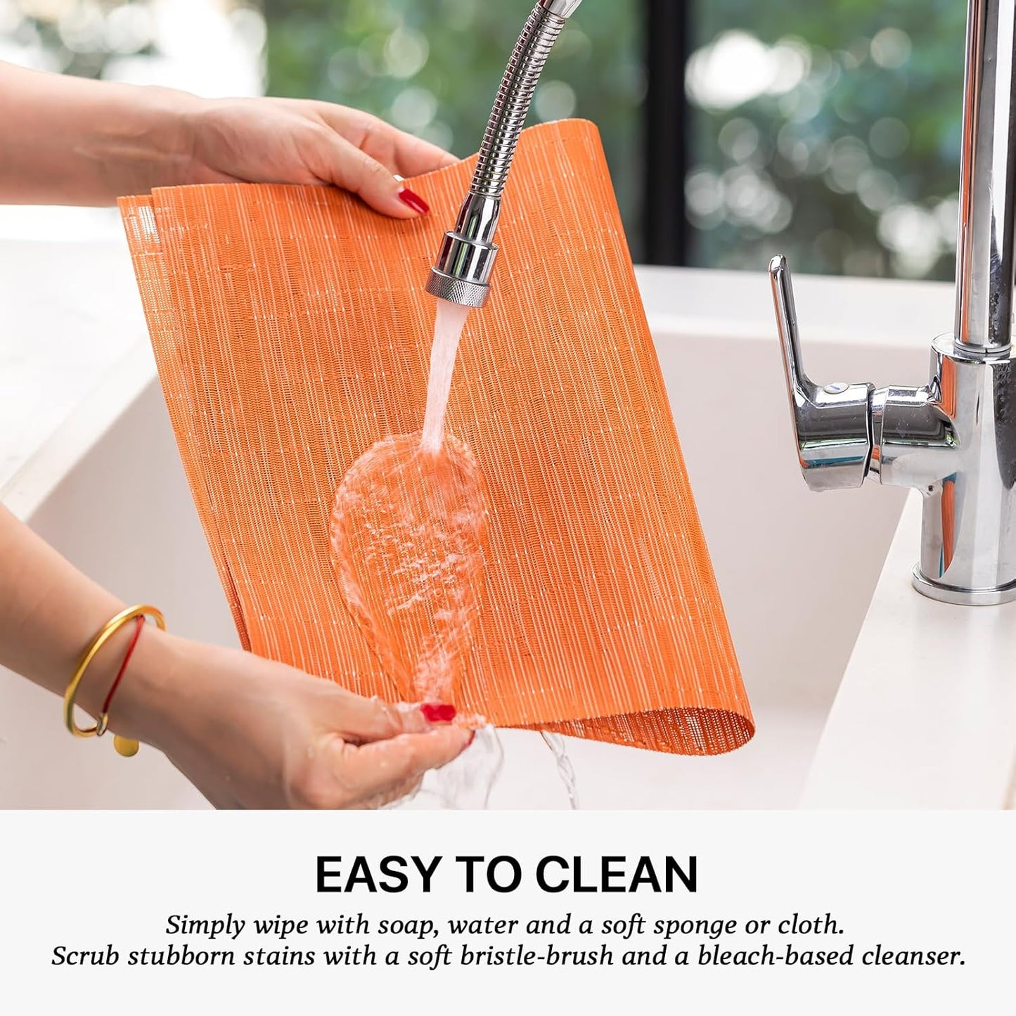 LEXMORE Placemats Set of 8 Vinyl/Plastic Woven Place Mats for Kitchen Table Indoor/Outdoor Washable Placemat Wipeable Dining Table Mats(Orange)