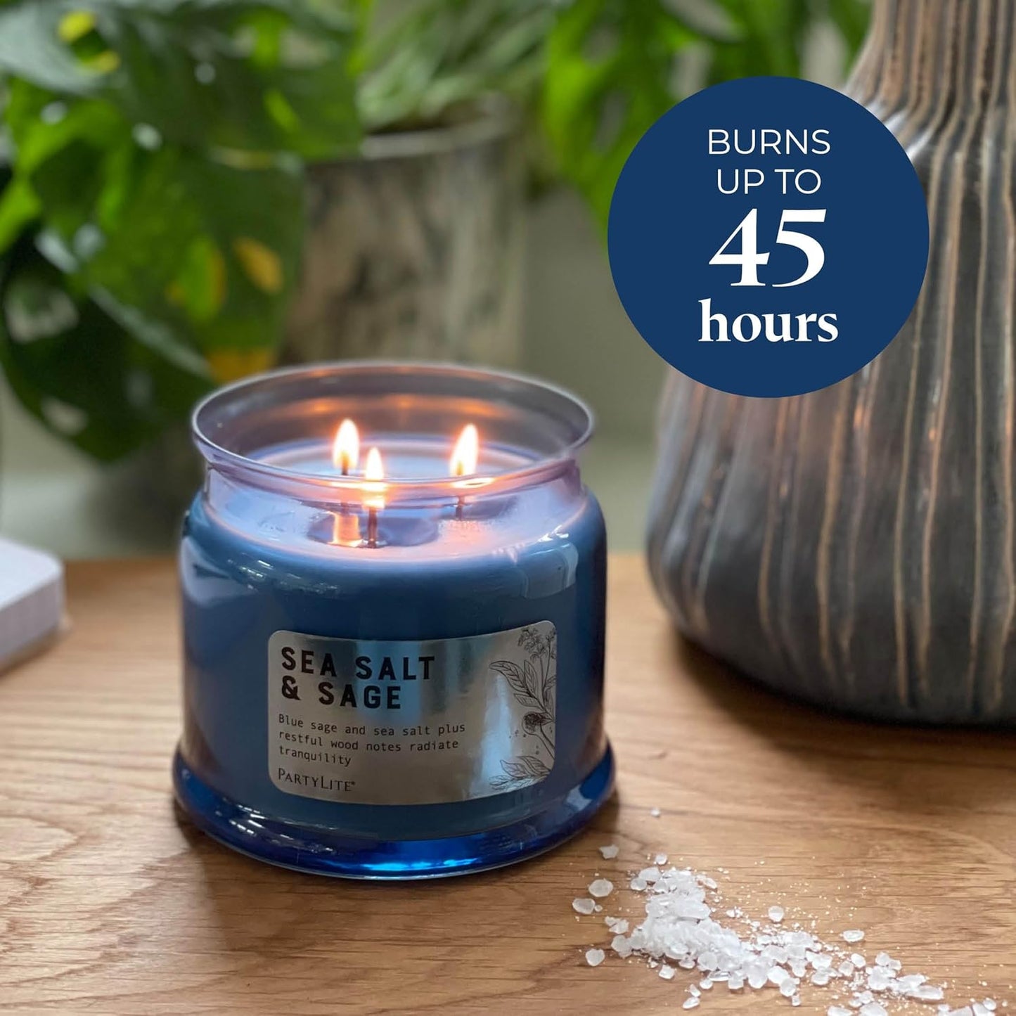 PartyLite Sea Salt & Sage Scented, Notes of Salted Air, Sea-Soaked Sage, Driftwood, Coconut and Sandalwood, 13.2oz 3-Wick Jar Candle, 45 Hour Burn Time, Luxurious Fragrance, Perfect for Gifting