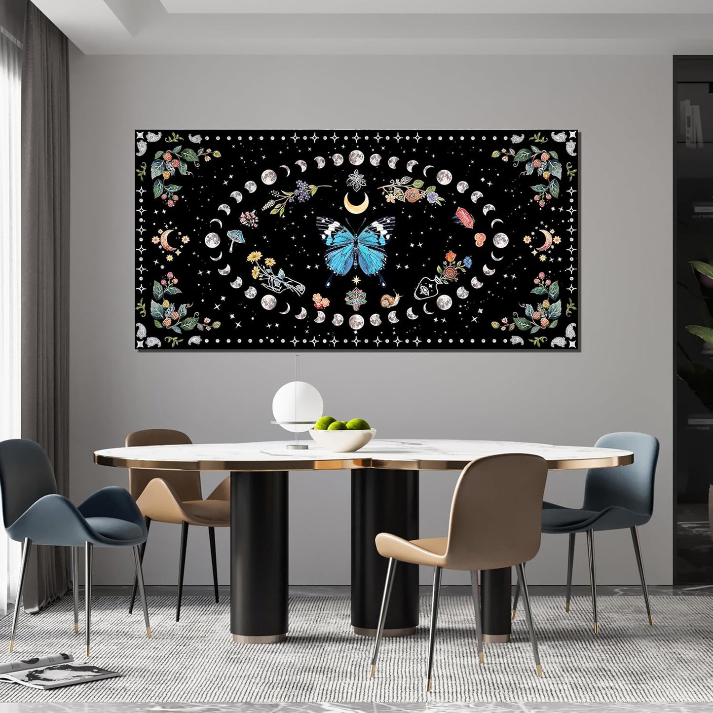 Canvas Wall Art Prints Blue Boho Wall art Decor Canvas Art Wall Decor Wall Pictures for Living Room Vintage Butterfly Wall Art Moon Flower Abstract Artwork for Walls Home Bedroom Decor 20" X 40"