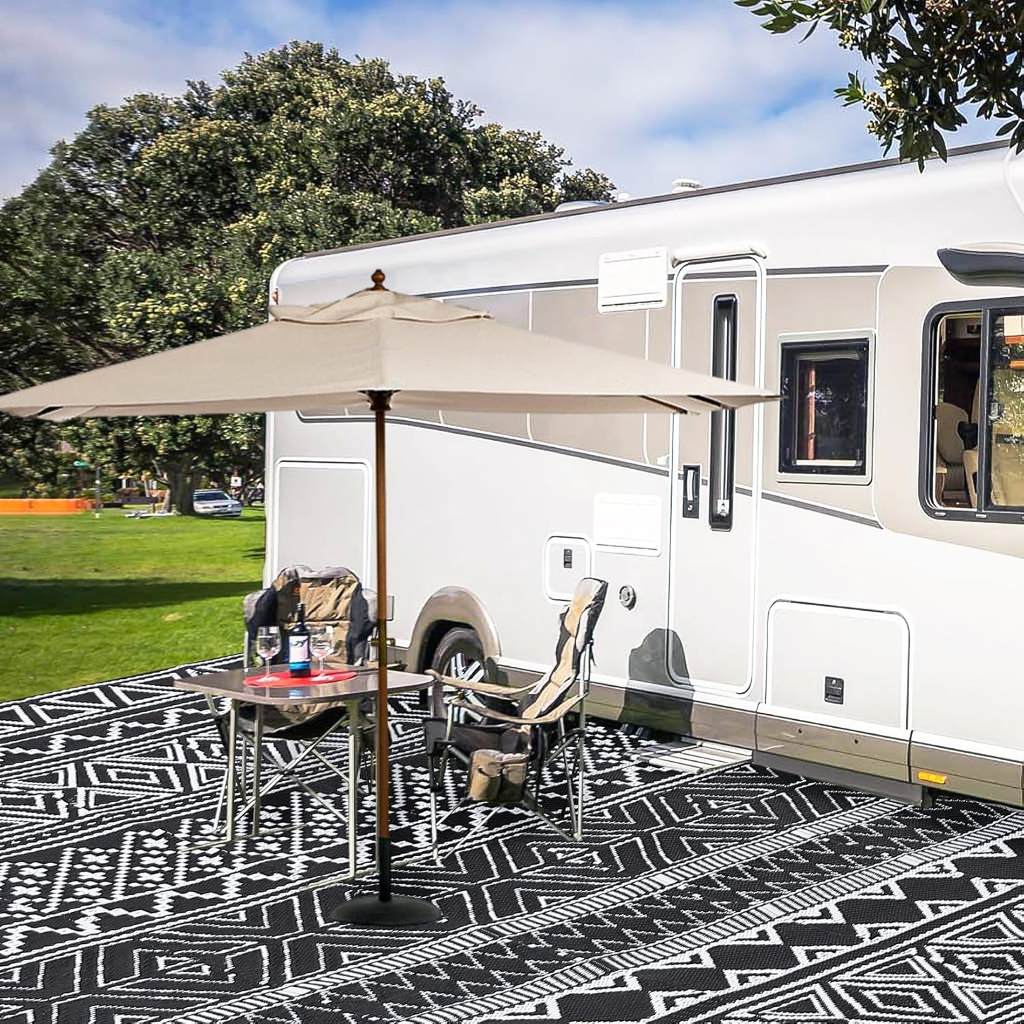 GAOMON Outdoor Rug for Patio 5'x8' Reversible Plastic Rugs Camping Mat for Outdoor, RV, Backyard, Deck, Balcony, Picnic, Beach, Black/White(Bohemia)