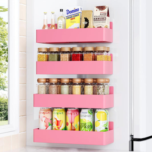 Magnetic Spice Rack for Refrigerator, Kitchen Organizer and Storage Shelf, Pink(4 Pack)