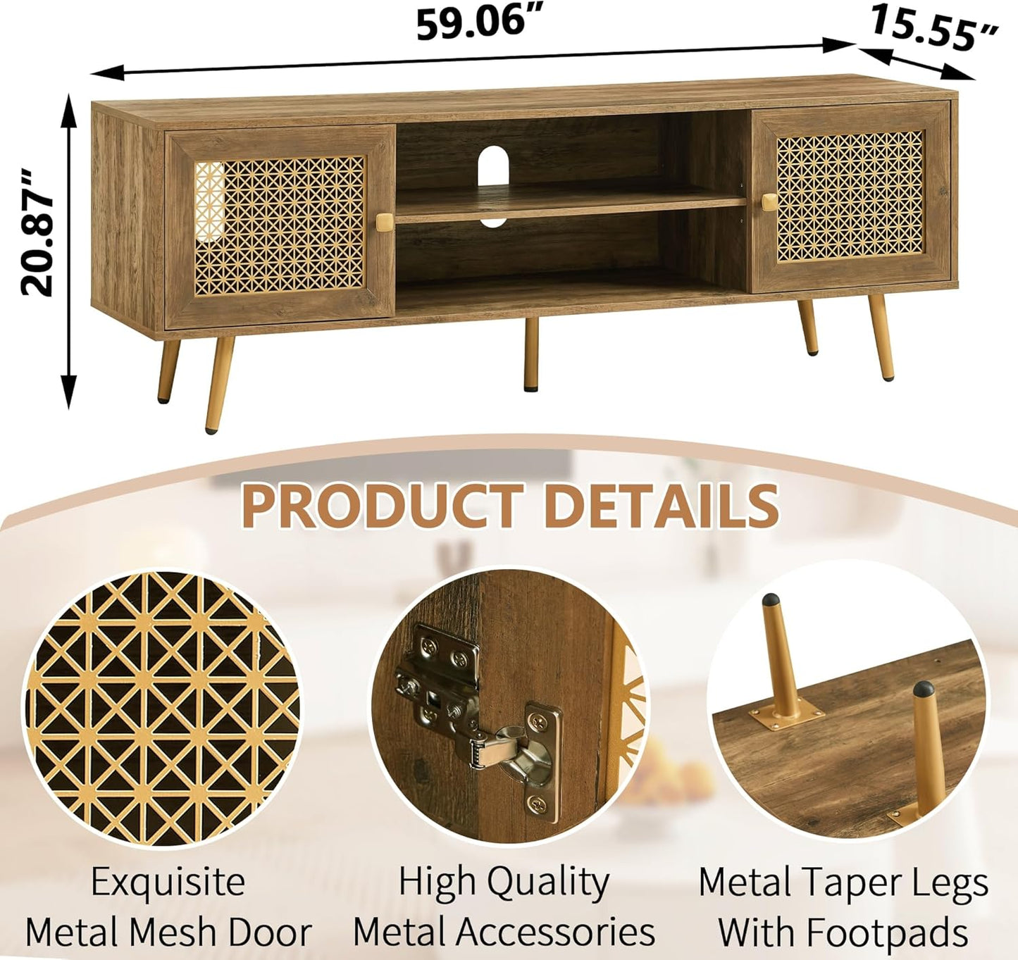 Mid Century Modern TV Stand with Metal Mesh Doors and Open Shelf for Tvs up to 65" Boho Media Console Entertainment Center with Cable Holes for Living Room Rustic Oak 59.06"x15.55"x20.87"
