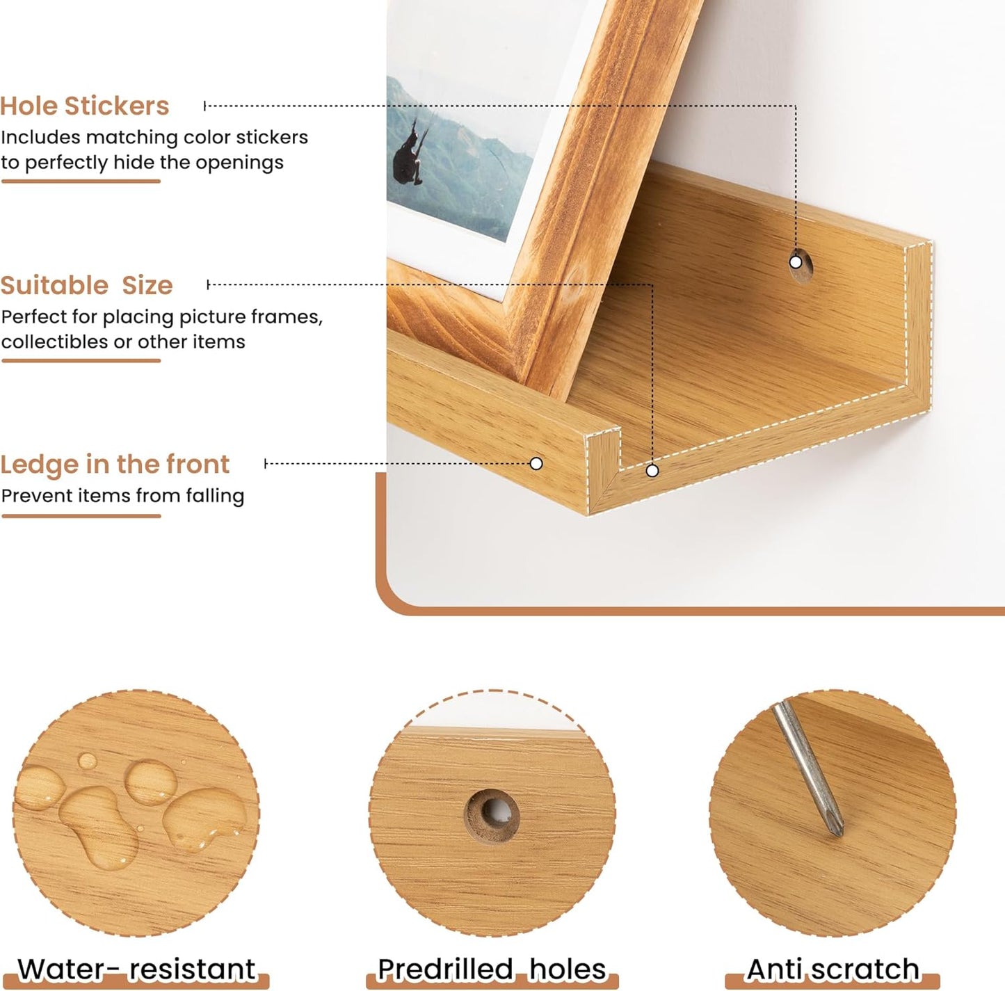 Fun Memories Picture Ledge Shelves Set of 2, 36 Inch Rustic Wall Mounted Floating Shelves with Lip for Home Storage and Décor in Bathroom, Kitchen, Nursery, Bedroom, Living Room, Oak