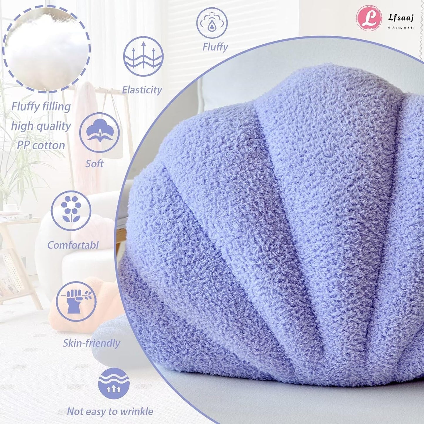 Seashell Throw Pillows, Shell Shaped Throw Pillows, 18 Inch Soft Home Decorative Pillow Plush Cushion for Bed Couch Living Sofa Room Decor Accent Throw Pillow (Lavender 18Inch)