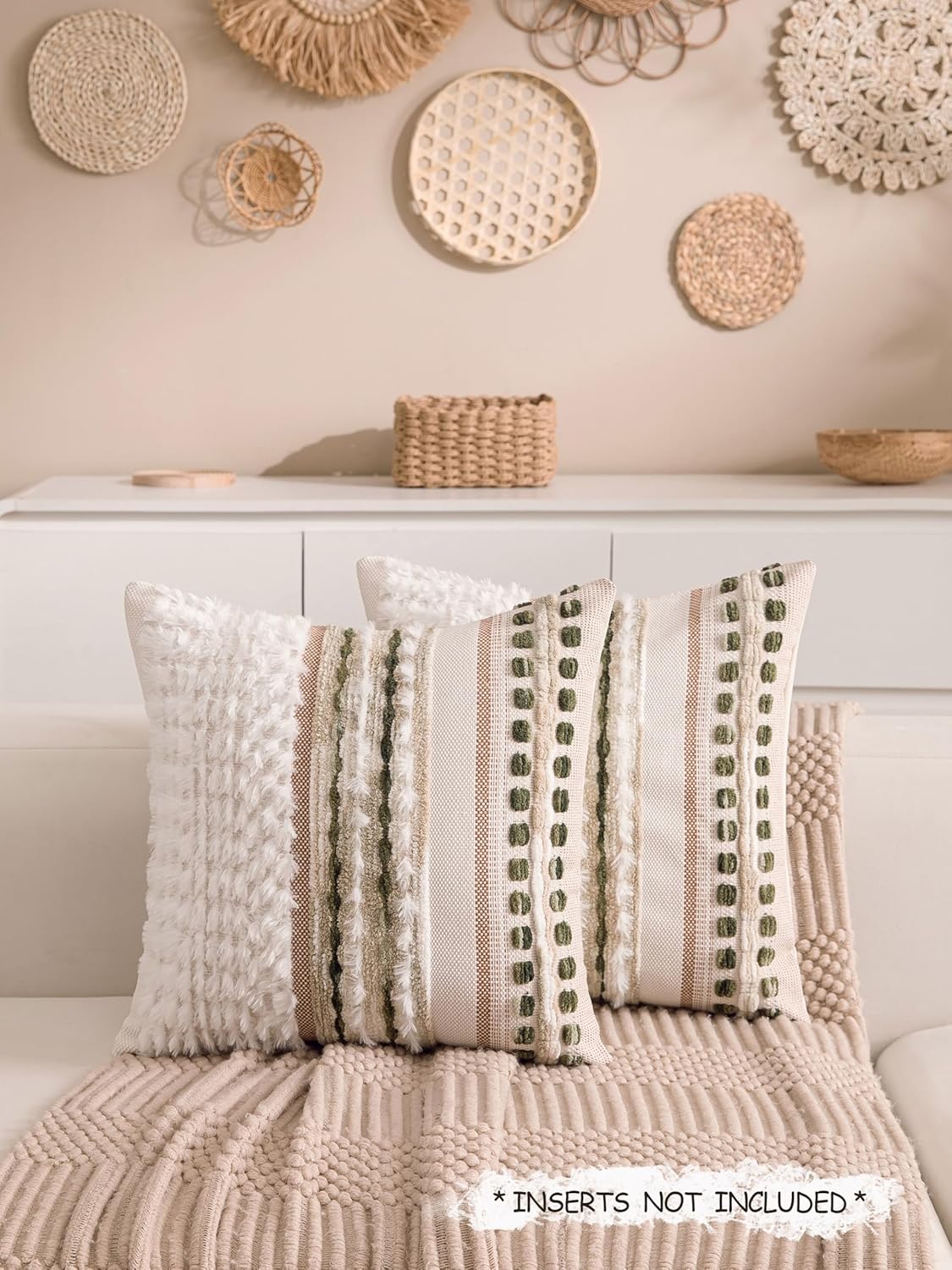 Boho Chenille Tufted Couch Throw Pillow Covers 18x18 Inch Set of 2 Farmhouse Striped Decorative Pillow Covers Accent Neutral Square Pillowcase Green Cushion Covers for Livingroom Sofa Bed