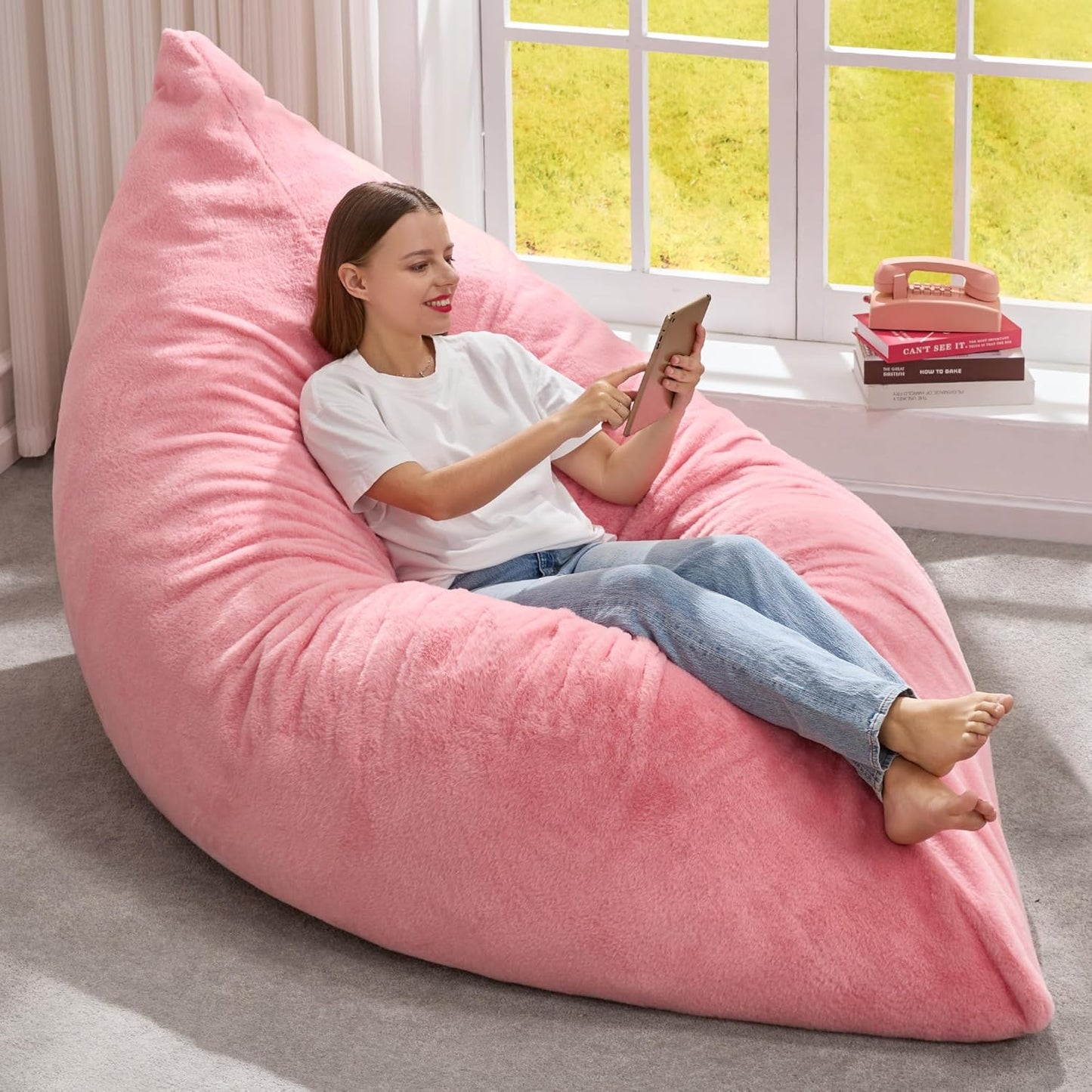 Hobestluk 3 in 1 Bean Bag Chair Giant Bean Bag Chairs for Adults with Chevron Plush Fur Cover Convertible Bean Bag Floor Cushion with Machine Washable Cover for Living Room (Plush Pink)