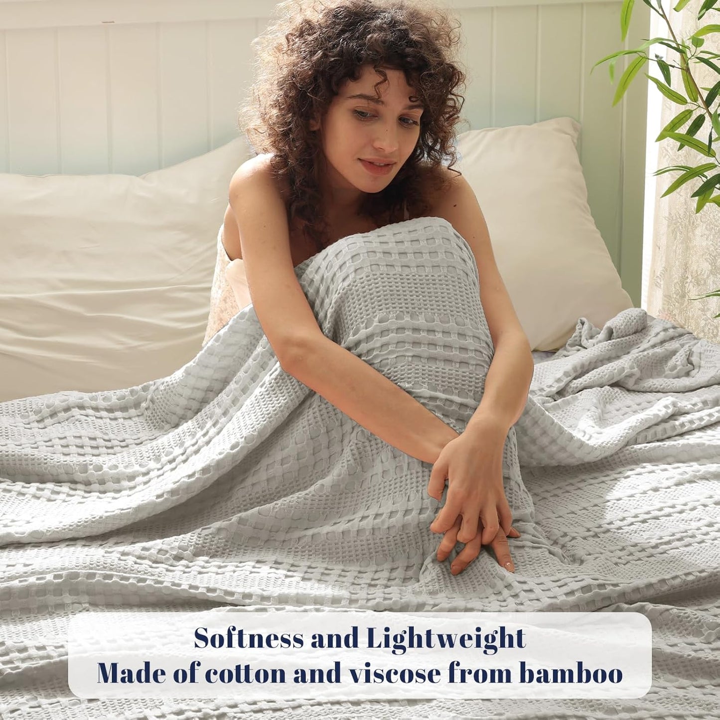 PHF Cooling Waffle Blanket Twin Size, Lightweight 60% Rayon Derived Bamboo & 40% Cotton Breathable Blanket for Hot Sleepers, Soft and Luxury for Bed Couch and Sofa, 66"x90", Grey