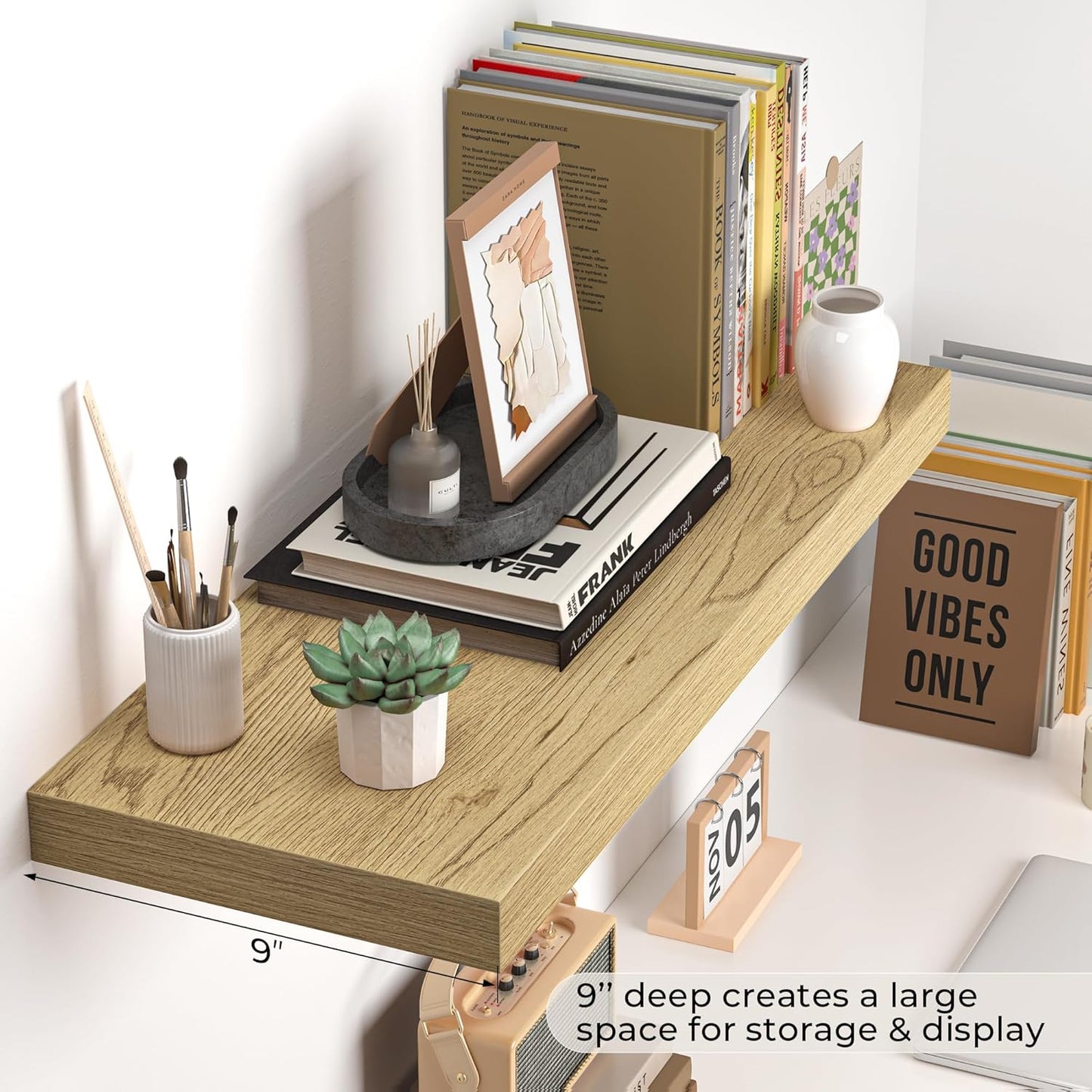 Fun Memories Floating Shelves - 24 Inch Rustic Wooden Wall Shelves - Extra Deeper & Thicker Wall Mounted Storage Shelf for Living Room, Kitchen, Farmhouse - 24" x 9" x 1.6" 2Pack, Oak