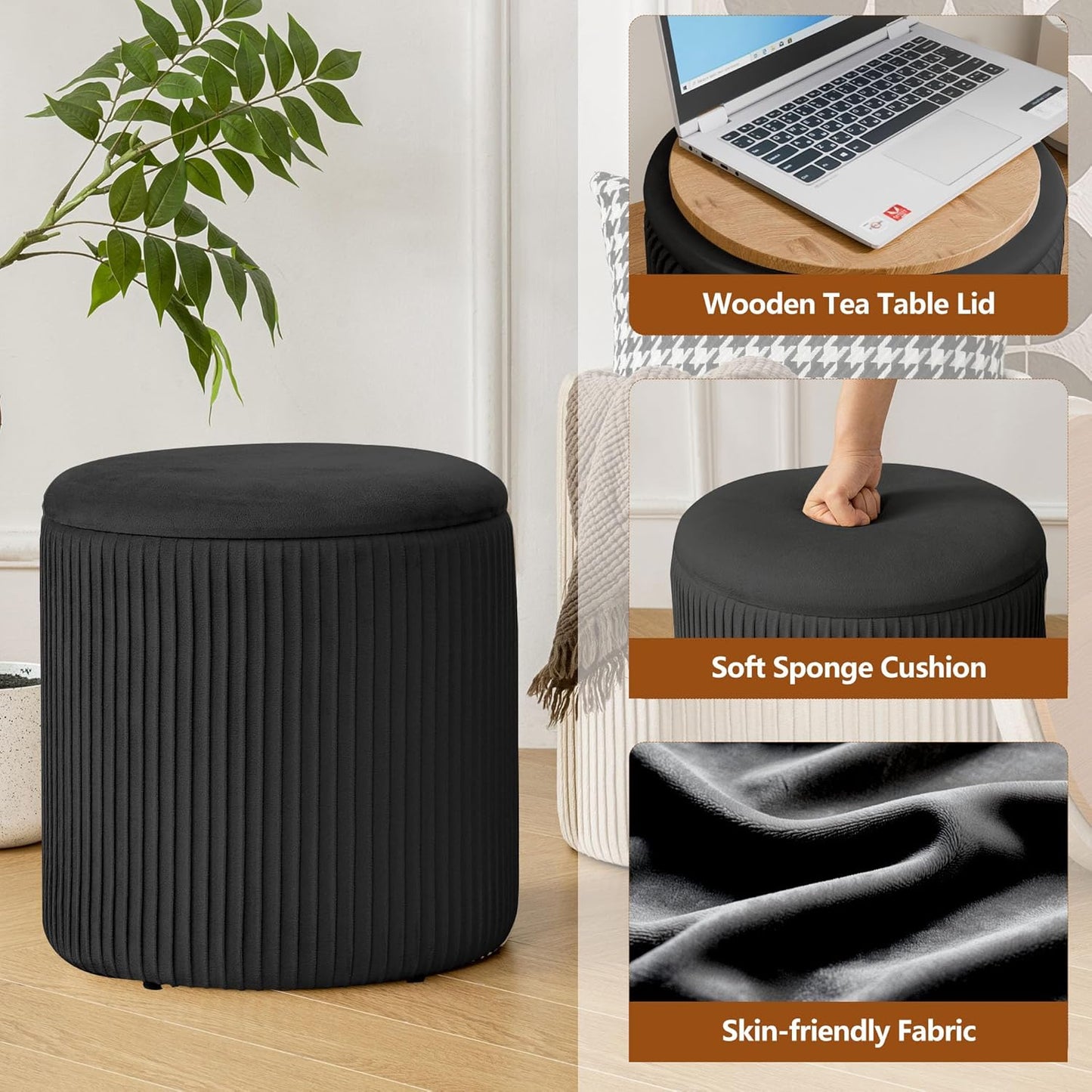 Ottoman with Storage Set of 2, Velvet Storage Ottoman, Upholstered Sponge Vanity Stool Support 300lbs, Multifunctional Coffee Table Foot Rest Ottomans for Living Room Bedroom, White