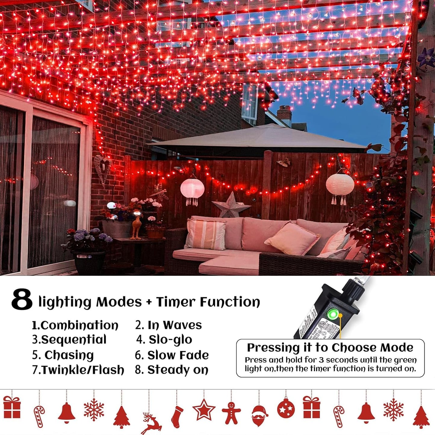 66ft Icicle Lights for Outside, Red Christmas Lights Outdoor Waterproof for House, 640 LED Twinkle Tree Lights with 120 Drops Clear Wire Short Curtain Light for Room Home Wall Indoor Decorations
