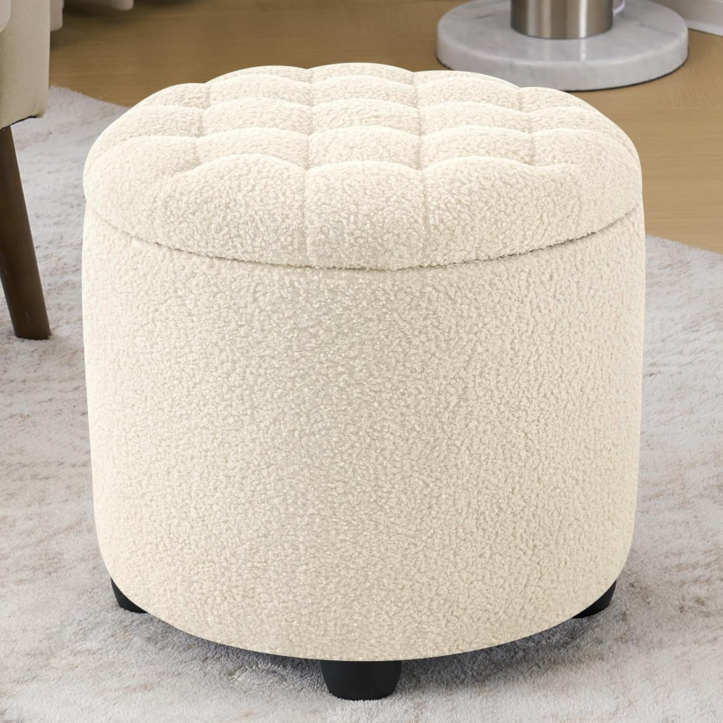 Furniliving Modern Round Storage Ottoman,Button Tufted Ottoman Foot Stools Ottoman Footstool with Removable Lid Storage Ottomans for Living Room, Bedroom, Makeup Room，Sherpa, IvoryWhite