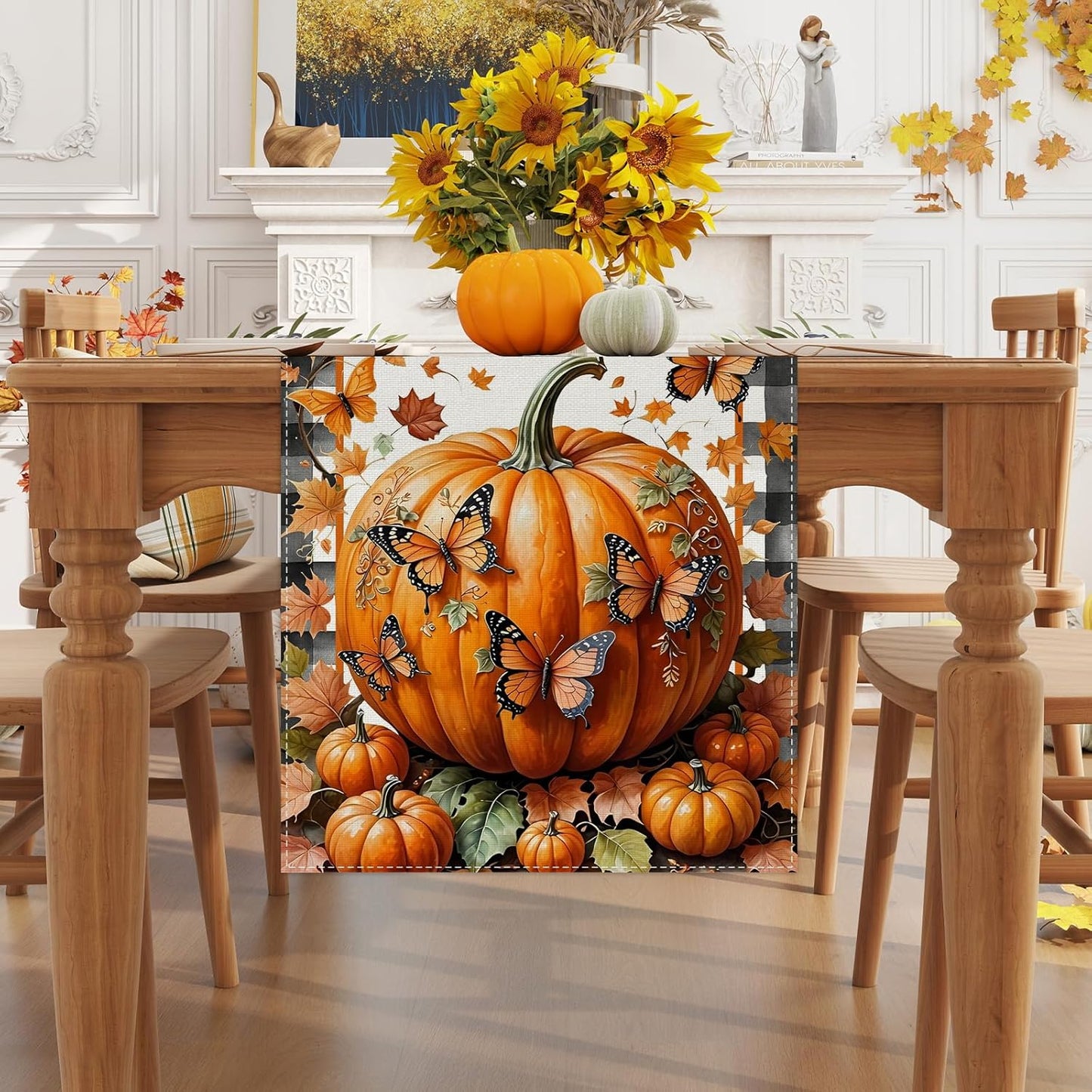 Linen Black and White Buffalo Check Plaid Fall Table Runner 72 Inches Long, Fall Leaves Pumpkin Butterfly Home Kitchen Table Decor, Farmhouse Autumn Thanksgiving Harvest Festival Decorations for Home