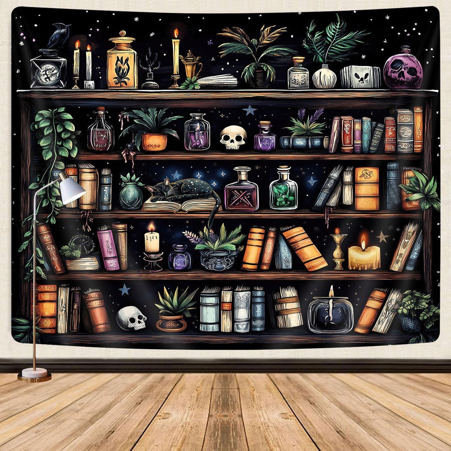 Bookshelf Tapestry Magical Library Witchy Tapestries, Vintage Fantasy Dark Bookshelf Hippie Cool Wall Tapestries Gothic Skull Black Cat Book Aesthetic Decor for Study Classroom, 60X40