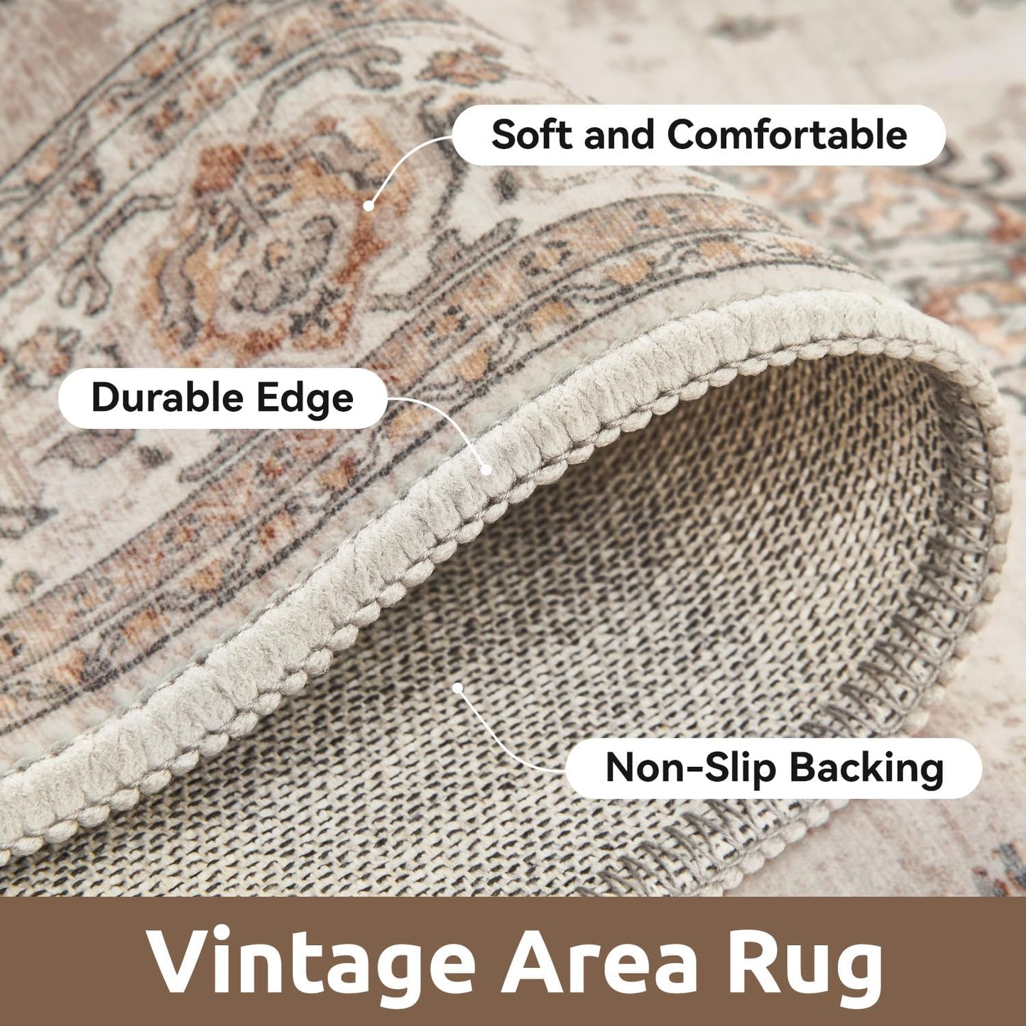 AMOAMI-Vintage Area Rug 4x6 Brown Rugs for Living Room-Soft Living Room Rug Non Slip Rugs for Bedroom Carpet Machine Washable Rug for Dining Room Bedside Office Room Decor