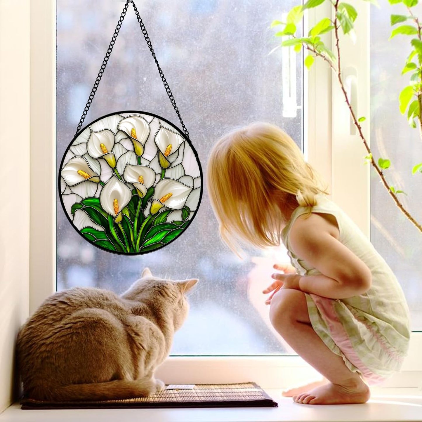 Stained Glass Window Hanging, White Calla Lily Suncatcher Diamond Glass Panel Hangings Flowers Sun Catchers Decor for Birthday for Women, Men, Wife, Aunt, and Mom 7.8 in
