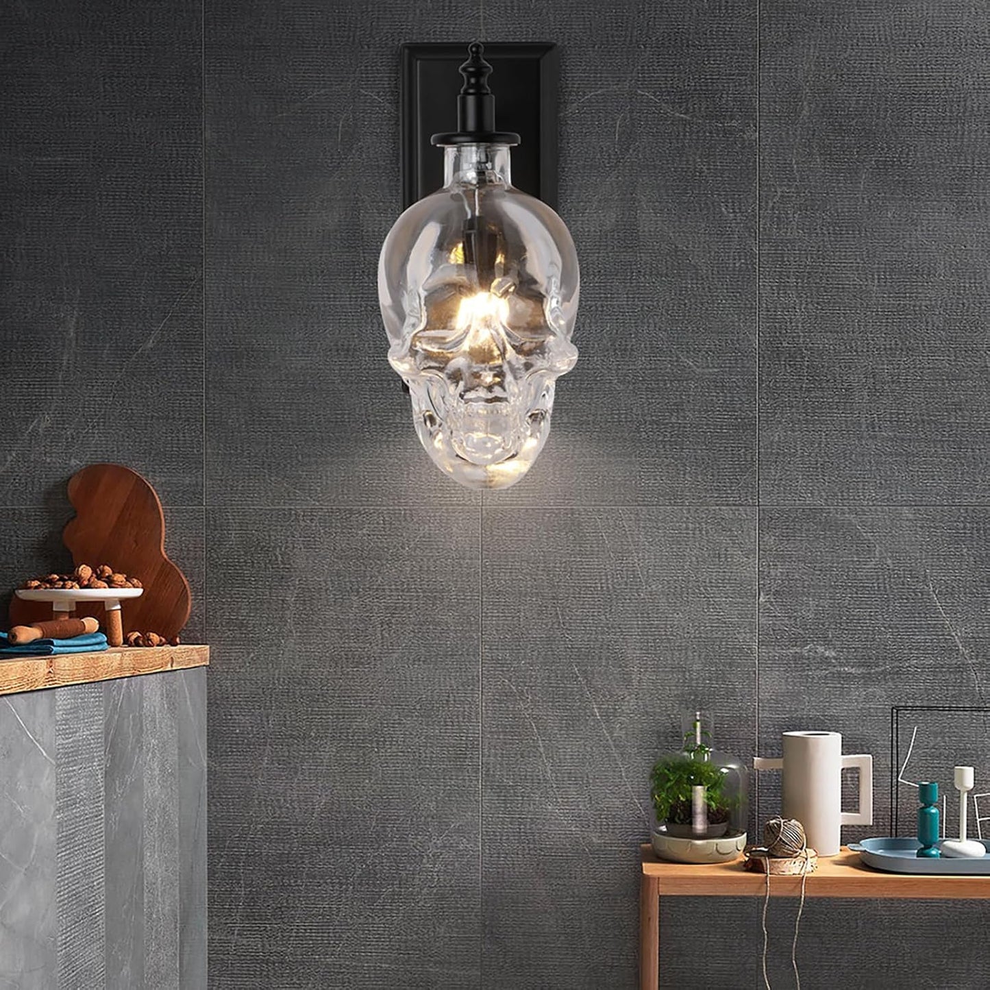 Industrial Retro Mini Clear Glass Skull Wall Sconces Black Metal Finish with Clear Glass Wall Lamp for Bedside E14 Wall Light