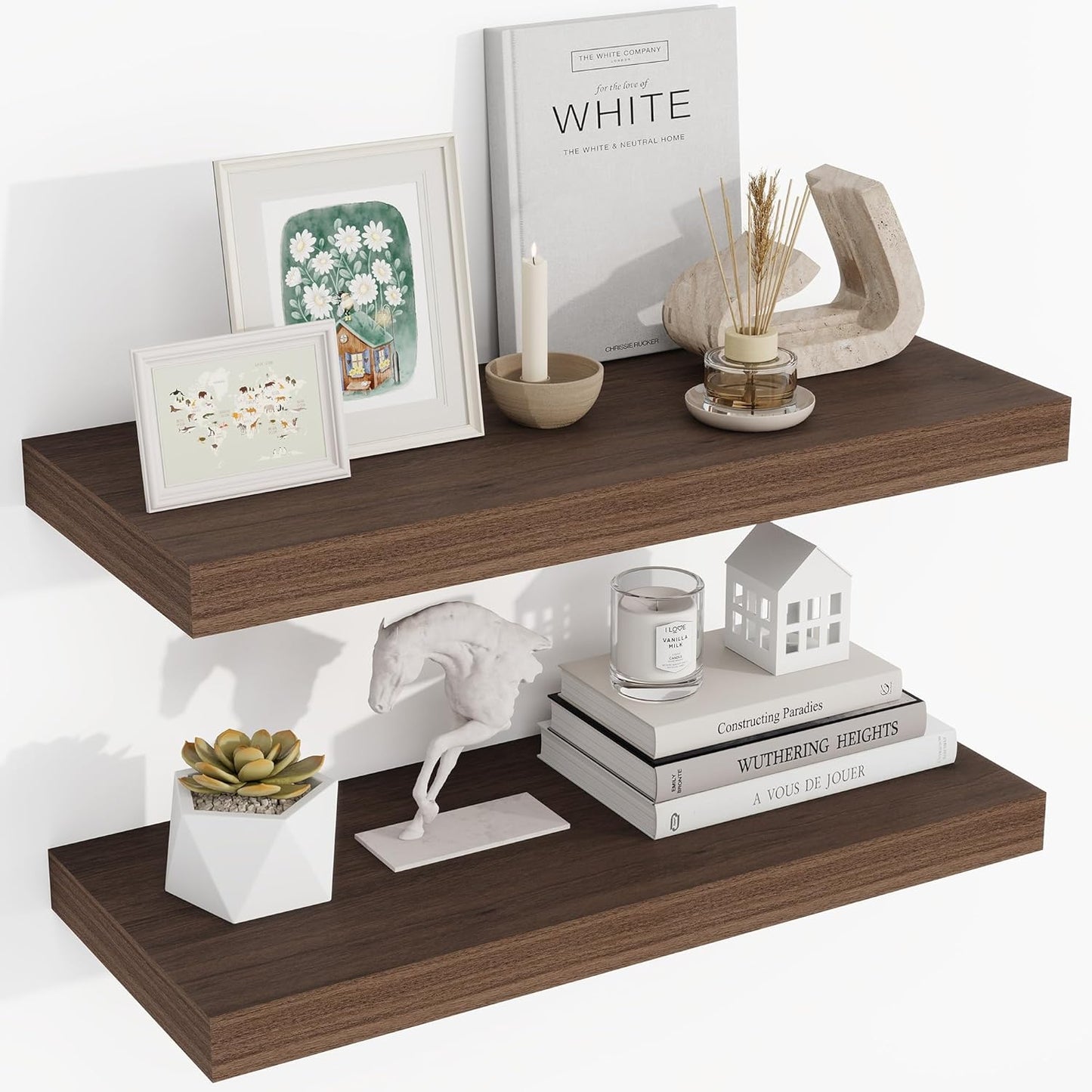 24 Inch Floating Shelves, 24"x9.25"x1.5" Inch Deep Floating Shelves for Wall, Wooden Shelves for Bathroom, Bedroom, Living Room, Walnut