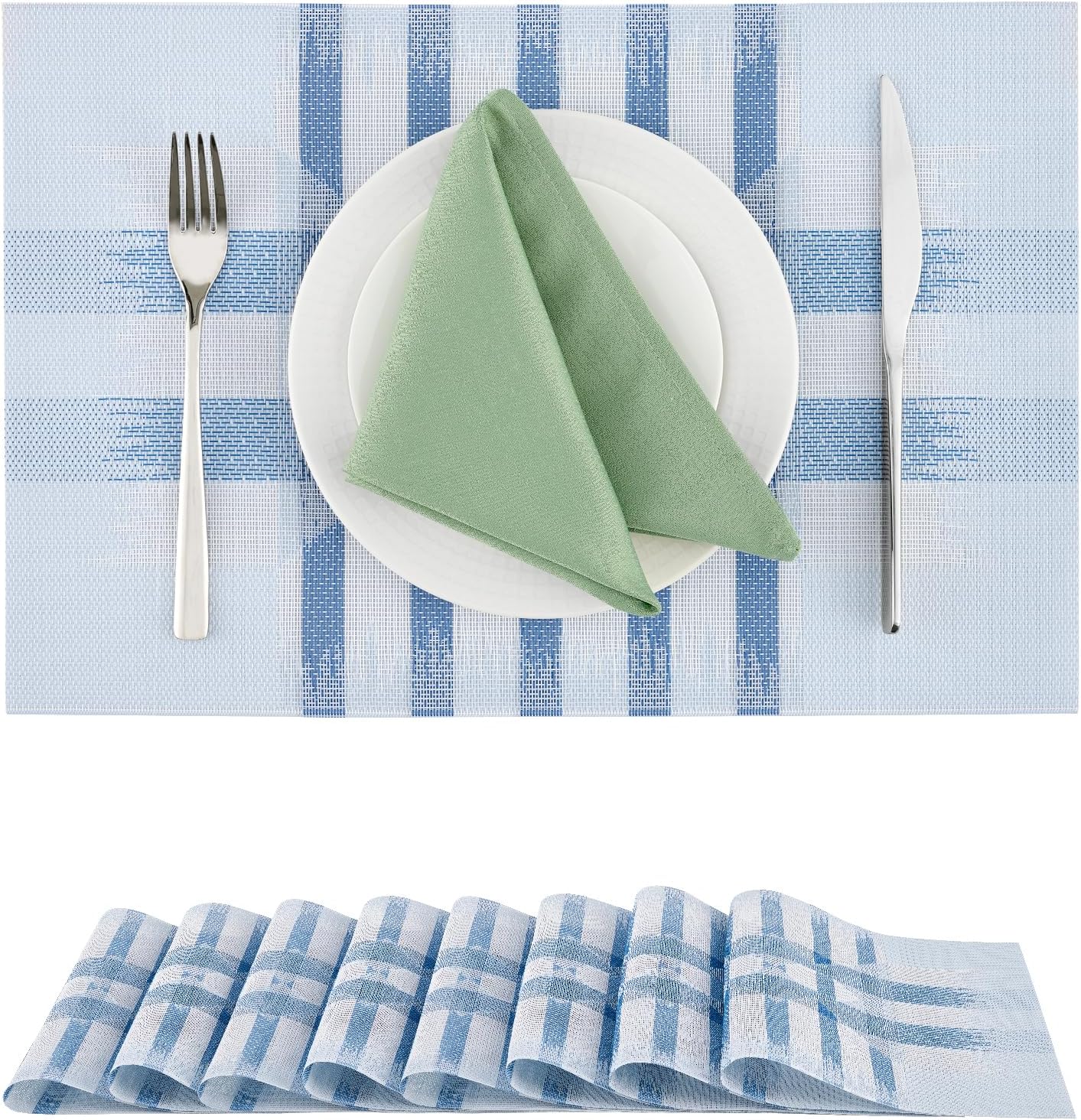 Leetaltree Geometric Print Blue Placemats Set of 8 - Heat Resistant Non-Slip Place mats for Dining Table, Washable Durable PVC Vinyl Woven Table Mats (Geometric Blue, 8)