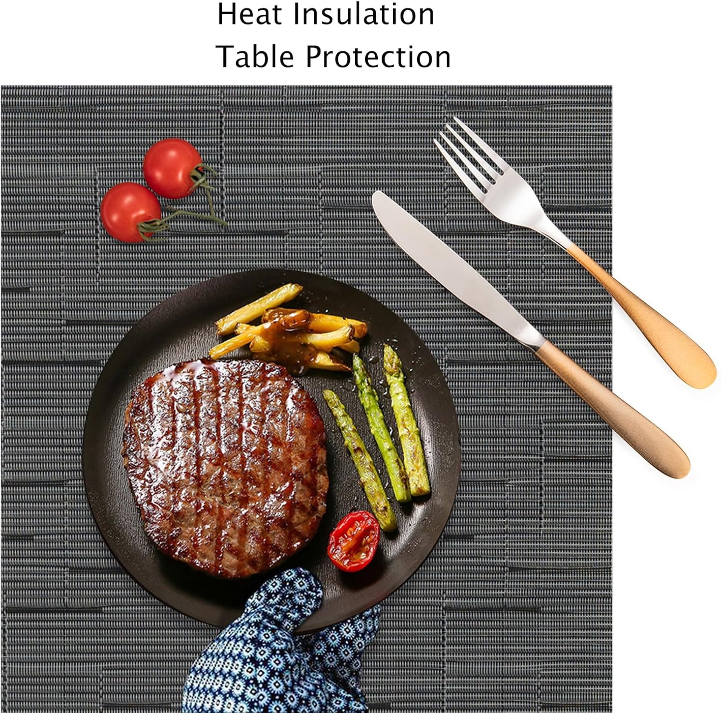 Myir JUN Placemats Set of 4, Vinyl Woven Placemats Place Mats Indoor Set of 4 Washable Table Mats Non-Slip Place mats for Dining Table (Black-Gray, Set of 4)